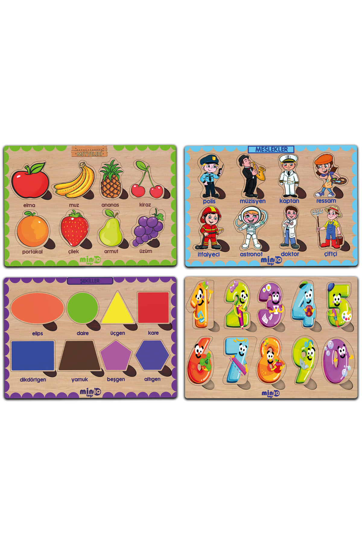 minİQ toys Ahşap Türkçe Meyveler+meslekler+sekiller+sayilar 4’lü Set Eğitici-öğretici Yapboz fotoğrafı 2 (önizleme)