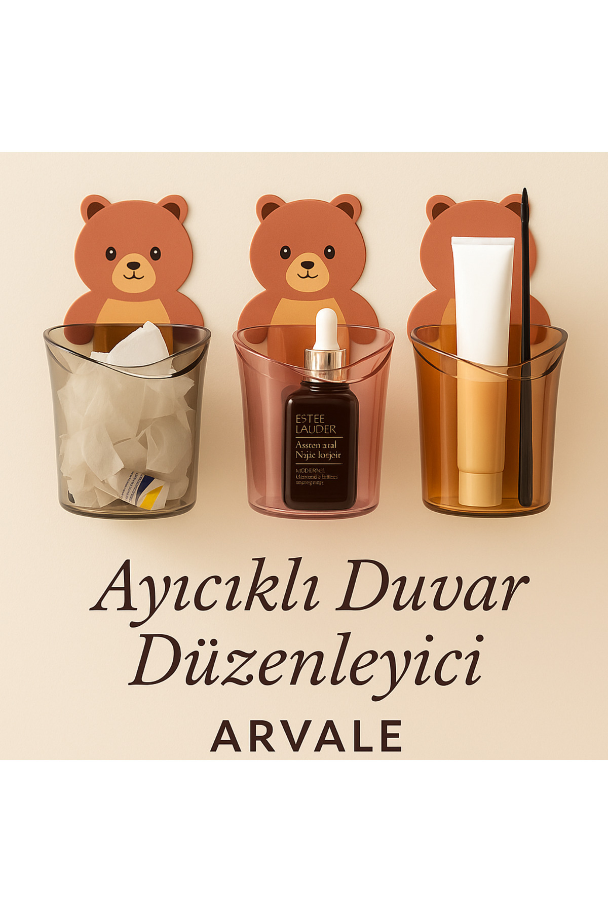ARVALE 3’lü Ayı Figürlü Diş Fırçalık Seti | Yapışkanlı Duvara Yapışan Banyo Organizer