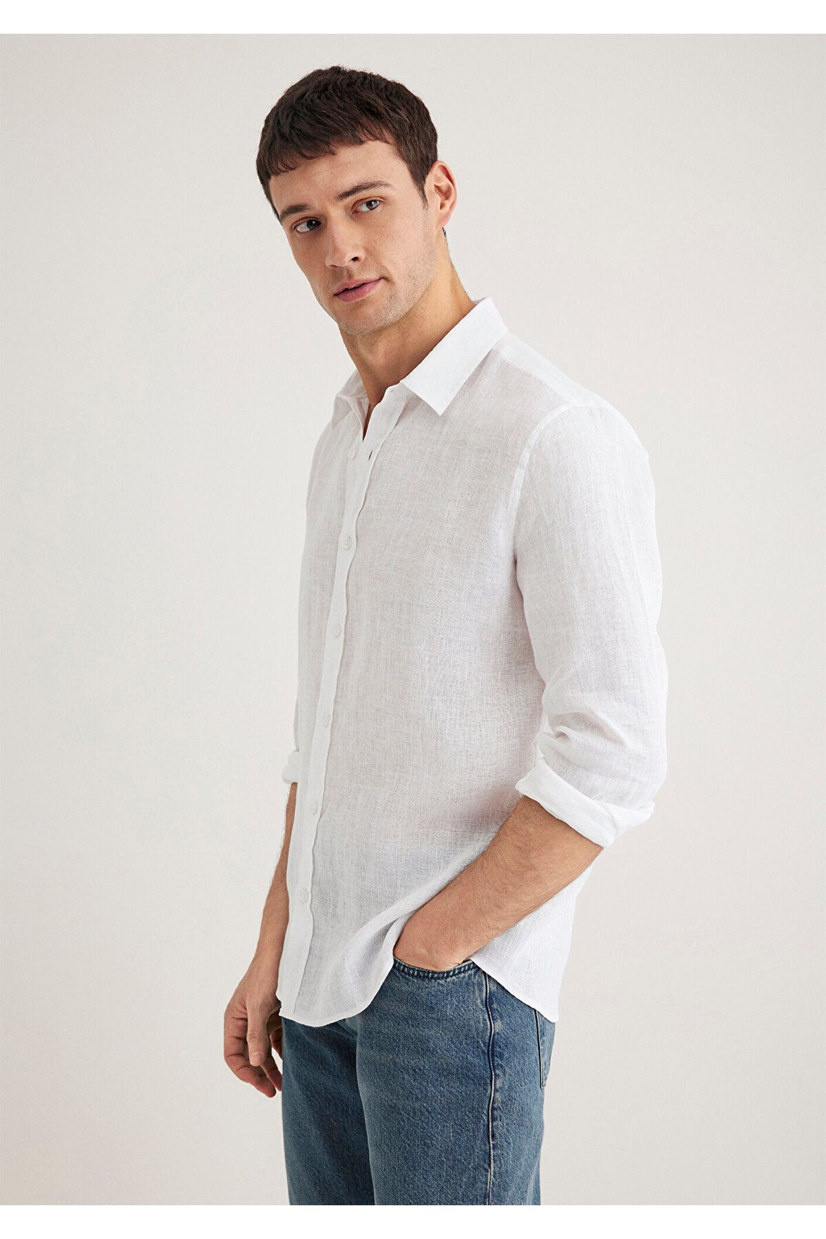 Mavi-Λευκό λινό πουκάμισο Slim Fit 0211466 -620 3