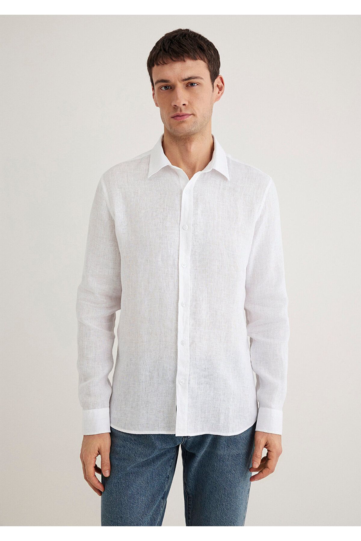 Mavi-Λευκό λινό πουκάμισο Slim Fit 0211466 -620 4