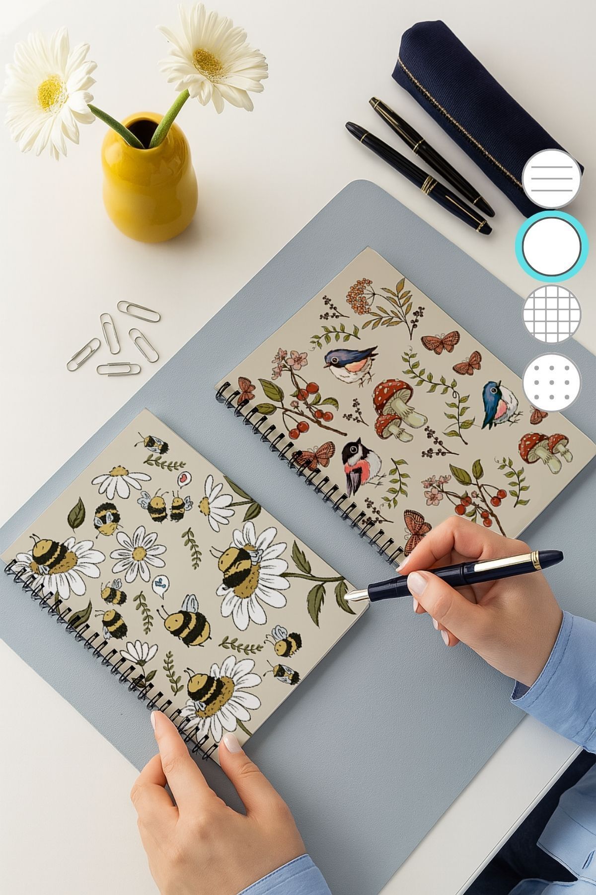 Eldesen Tasarım-Set of 2 Unlined Notebooks, A5 Size 50 Sheets 100 Pages Set of 2, with Bee 1