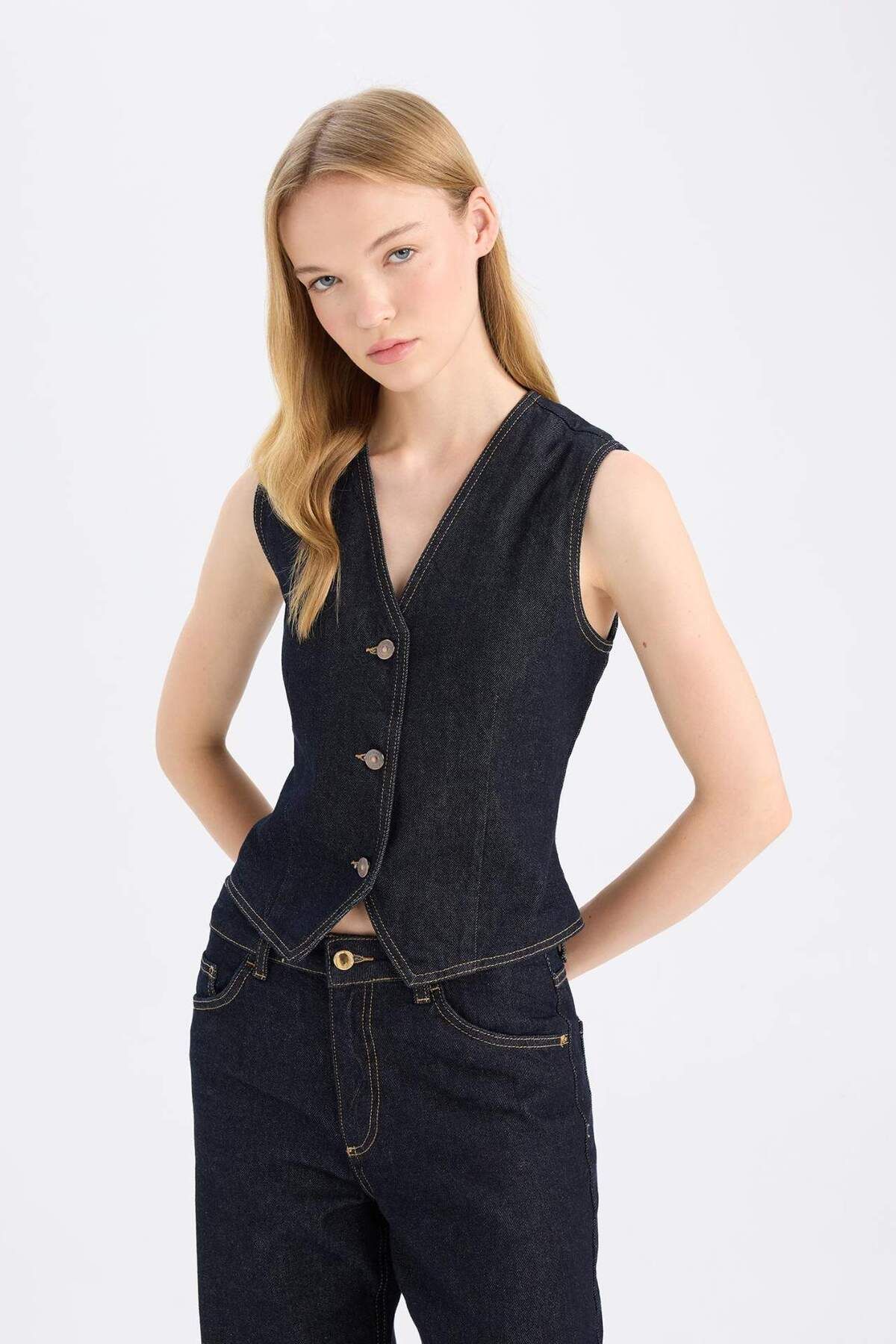 DeFacto-Buttoned Blazer Jean Vest D5820Ax24Wn 7