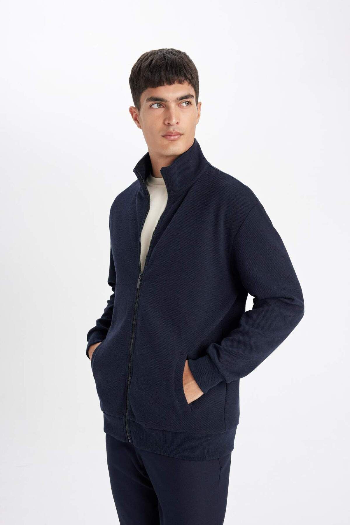 DeFacto-Comfort Regular Fit Relaxed Cut Stand Collar Pocket Basic Plain Zippered Sweatshirt D4971Ax24Au 4