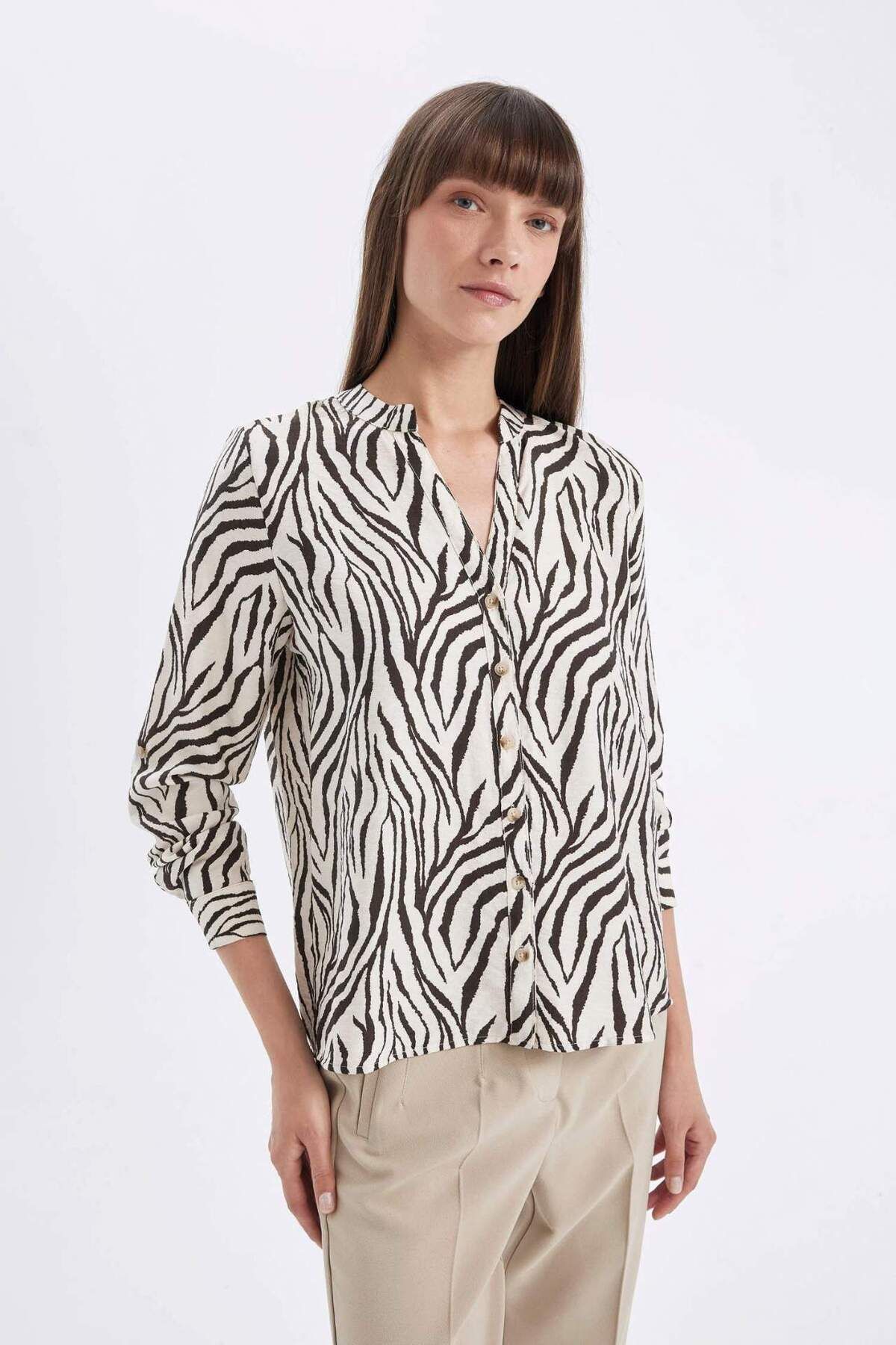 DeFacto-Apache Collar Patterned Long Sleeve Shirt - Regular Fit, Folded Sleeve and Button Detail D4901Ax24Au 4