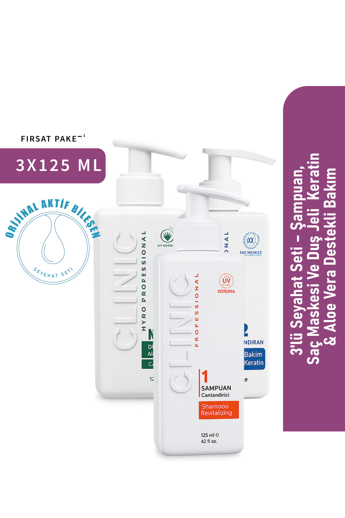 CLINIC PYROO 3'lü Seyahat Seti – Şampuan, Saç Maskesi Ve Duş Jeli | Keratin & Aloe Vera Destekli Bakım 3x125 ml — TYCSYJIU0N171688210194595