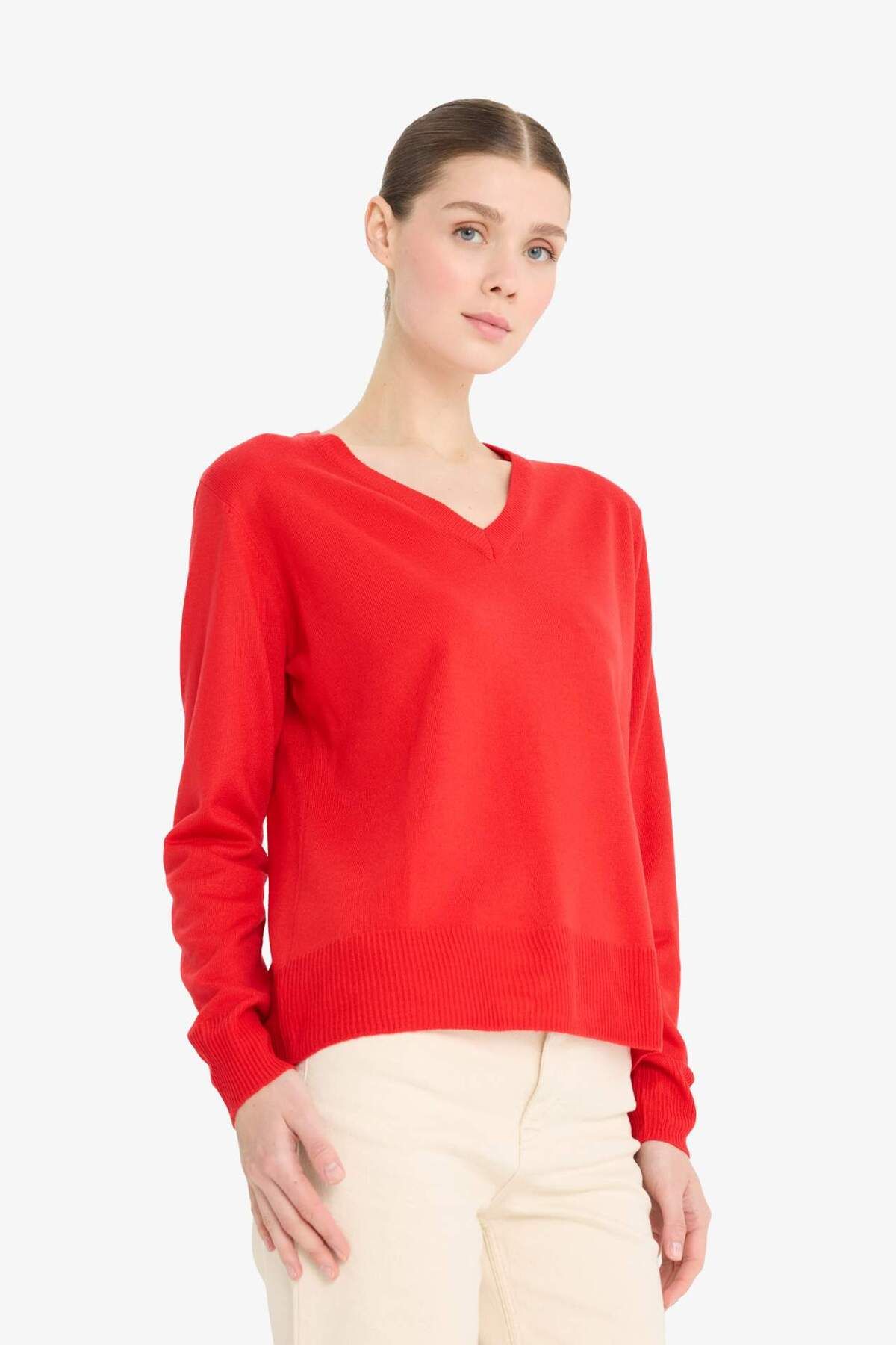 DeFacto-Relaxed Fit Weicher Strukturierter V-Ausschnitt Basic Schlichter Strickpullover C4024AX24WN 4