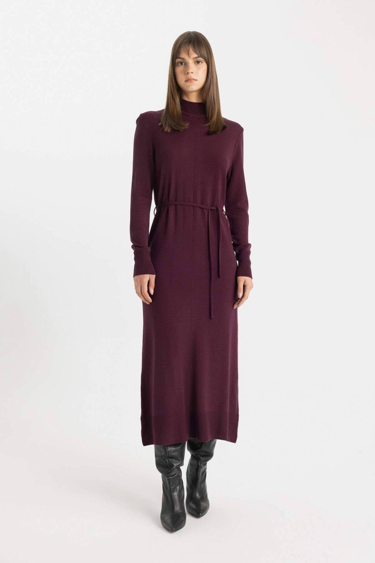 DeFacto-Regular Fit Halber Rollkragen Basic Plain Schlitz Langarm Maxi Strickkleid A9807AX24WN 1