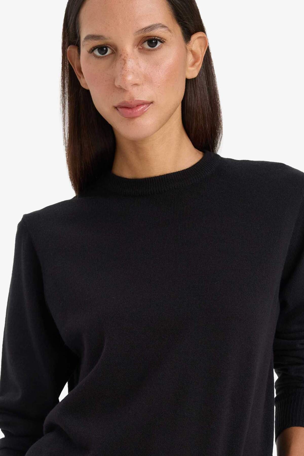 DeFacto-Schwarzer Basic-Pullover aus einfarbigem Strick mit normaler Passform und weichem Struktur-Rundhalsausschnitt C0058AX24WN 1