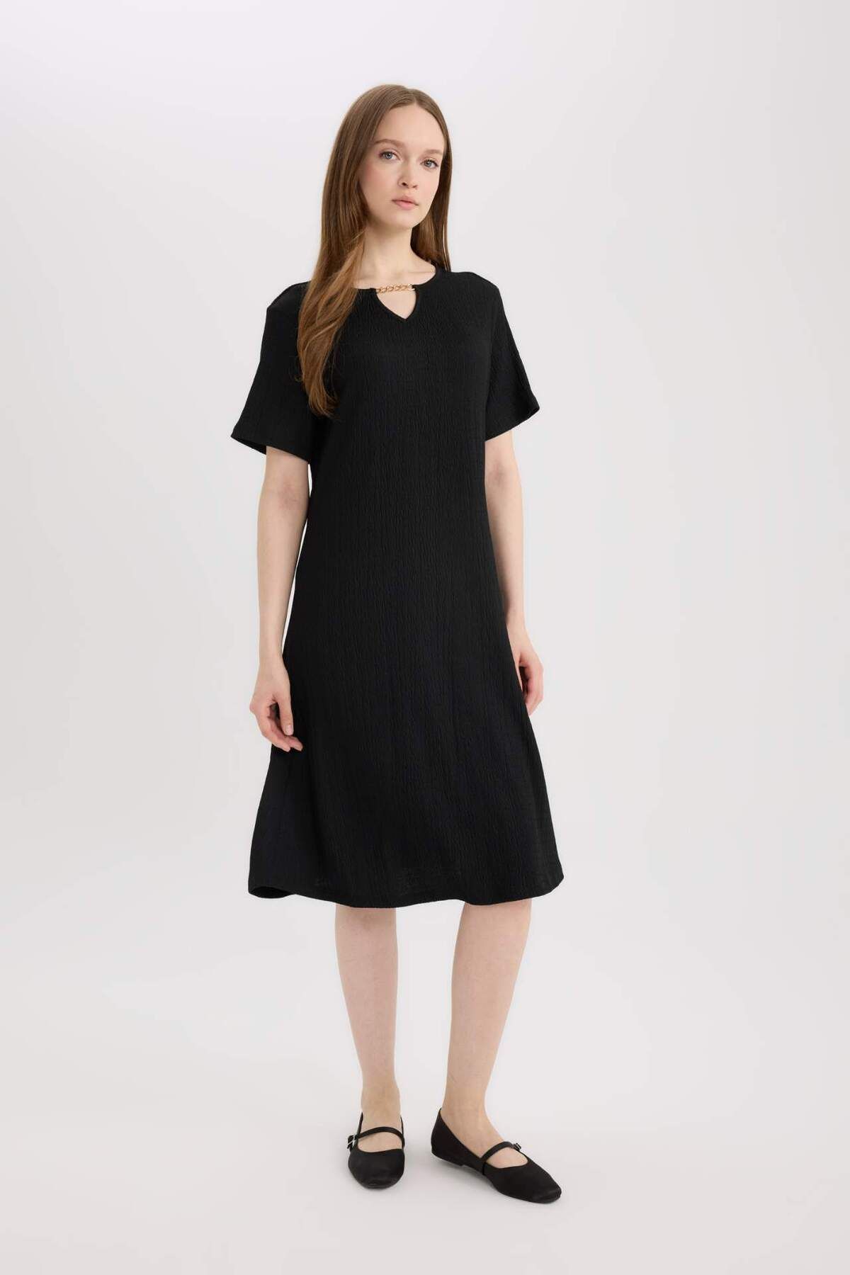 Regular Fit Apaş Yaka Basic Düz Bürümcük Kısa Kollu Midi Elbise D3834ax24sm
