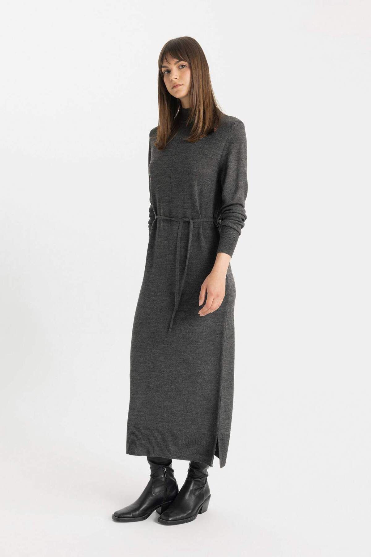 DeFacto-Regular Fit Halber Rollkragen Basic Plain Schlitz Langarm Maxi Strickkleid A9807AX24WN 3