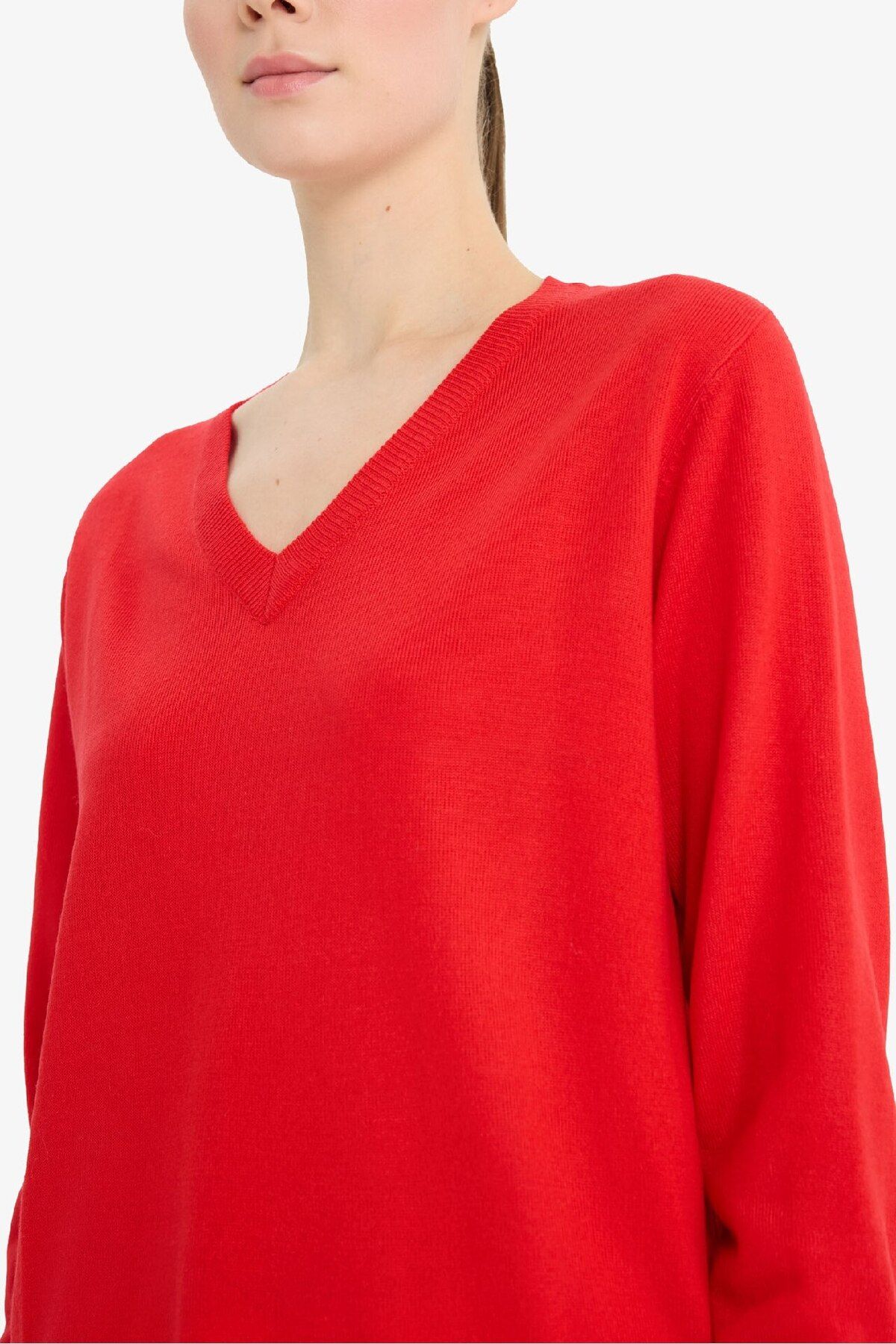 DeFacto-Relaxed Fit Weicher Strukturierter V-Ausschnitt Basic Schlichter Strickpullover C4024AX24WN 5