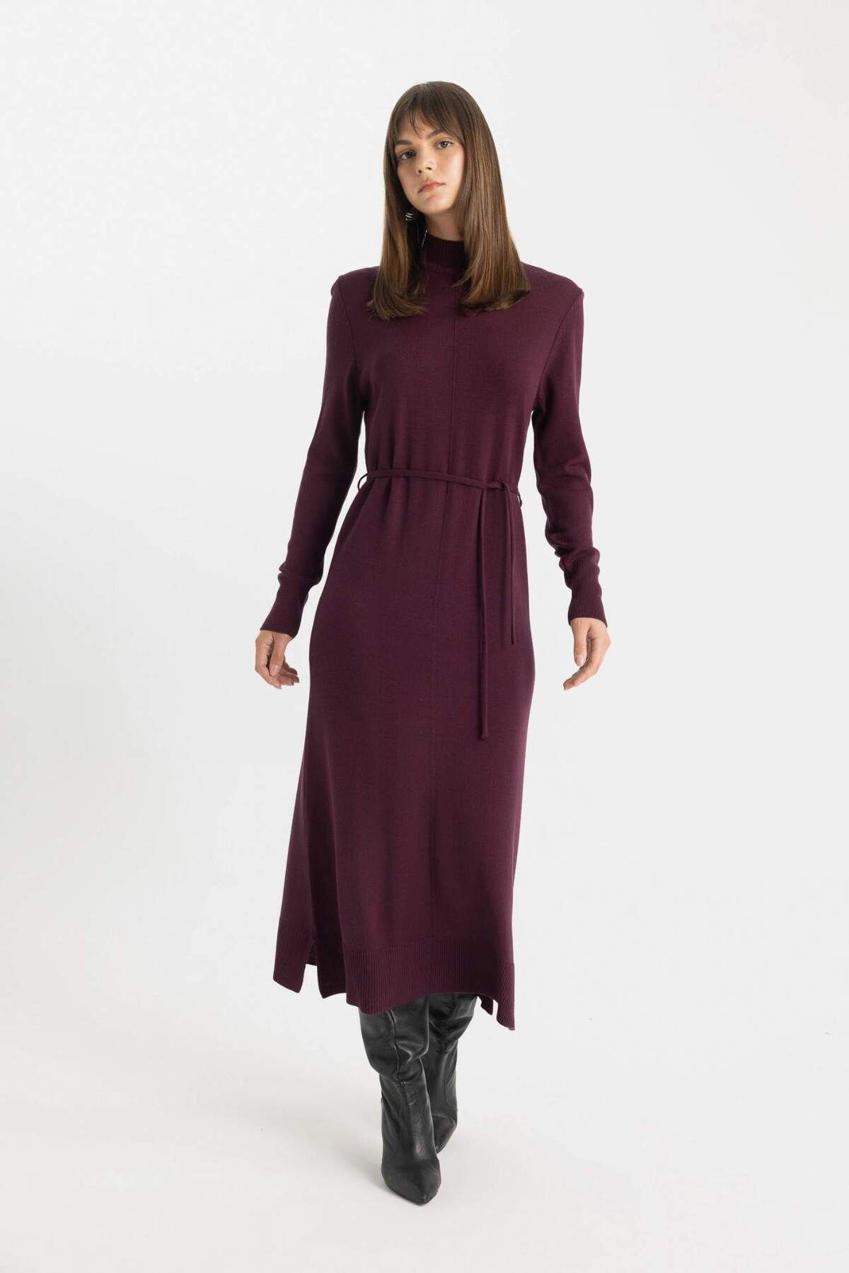 DeFacto-Regular Fit Halber Rollkragen Basic Plain Schlitz Langarm Maxi Strickkleid A9807AX24WN 3