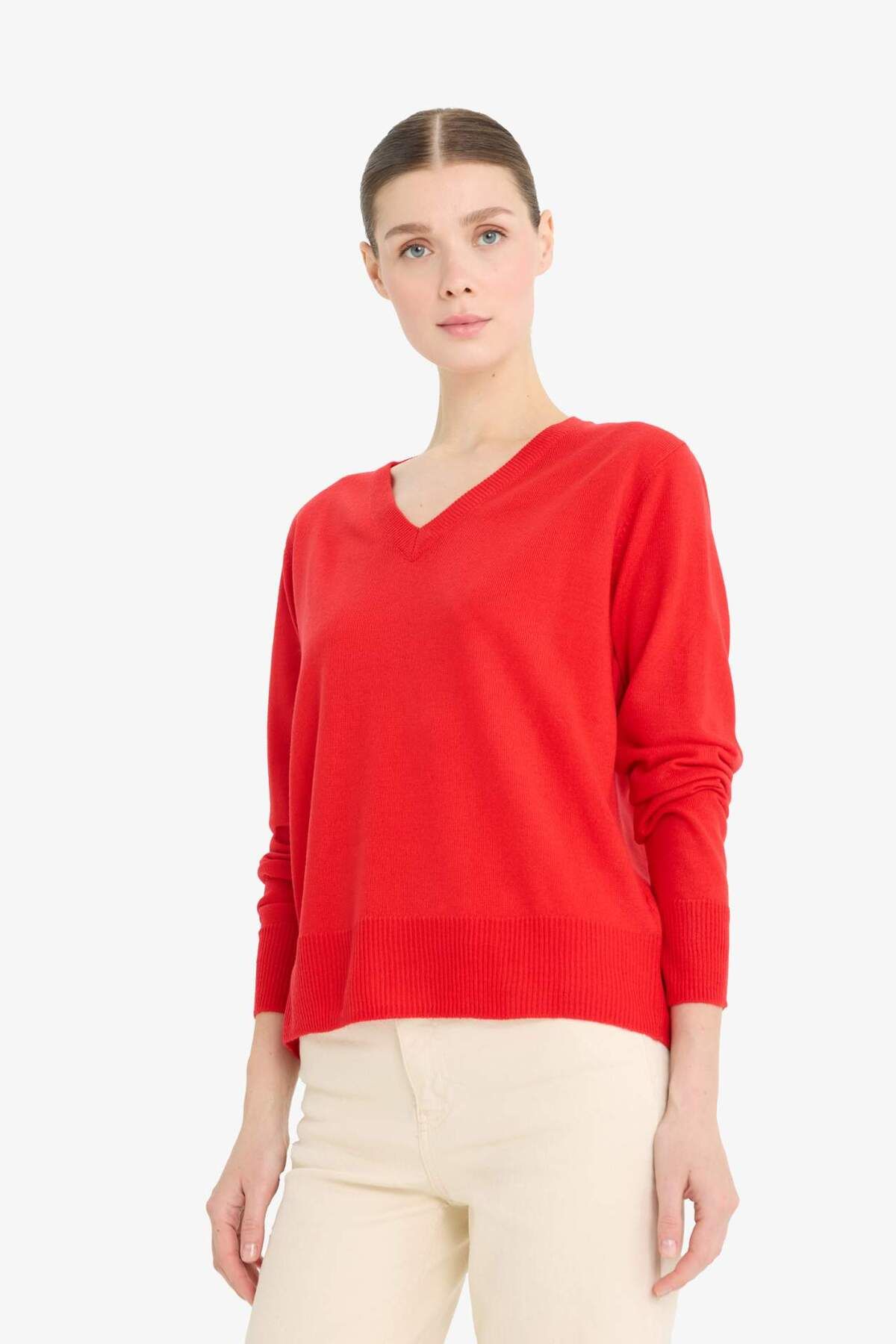DeFacto-Relaxed Fit Weicher Strukturierter V-Ausschnitt Basic Schlichter Strickpullover C4024AX24WN 3