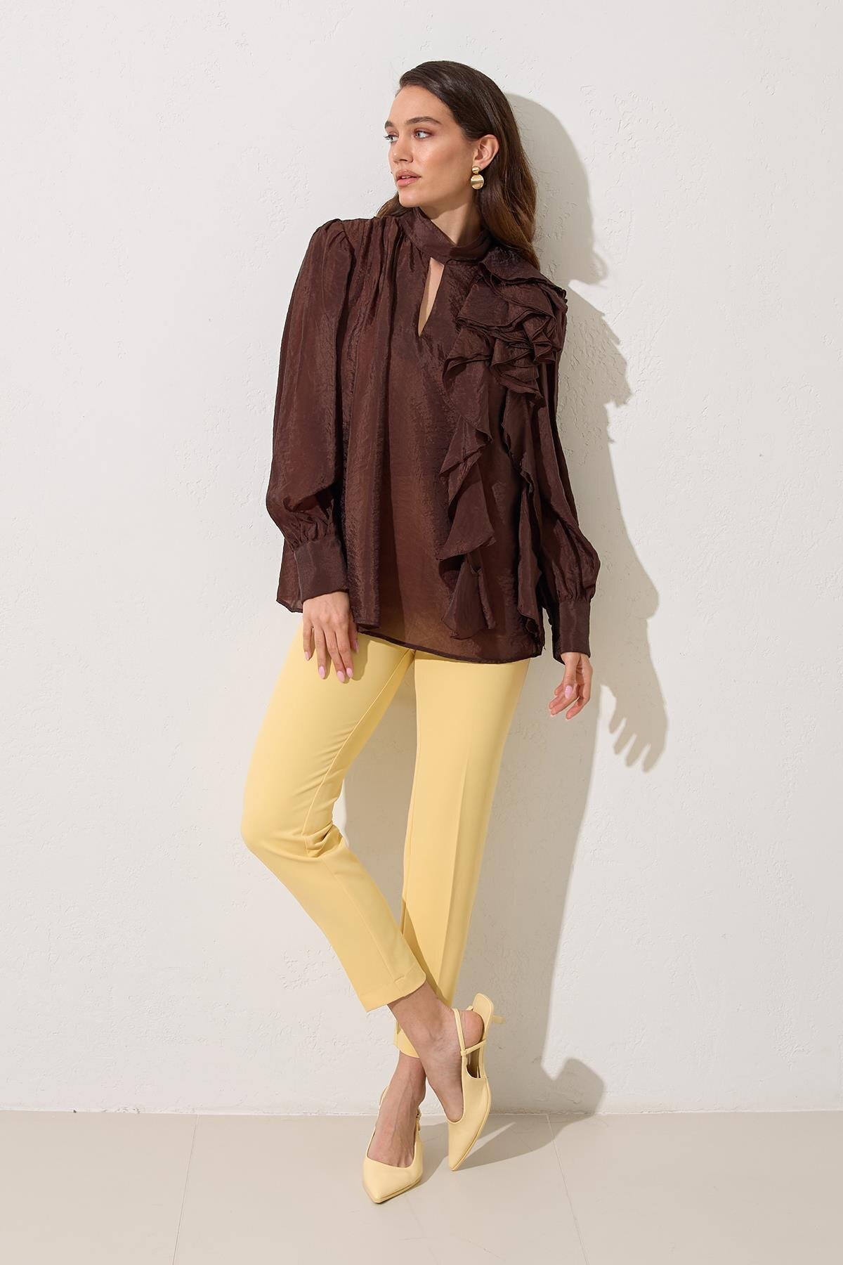 Setre-Bitter-Brown Yakada Rose and Neck Detailed Long Sleeve Comfortable Fit Blouse 1