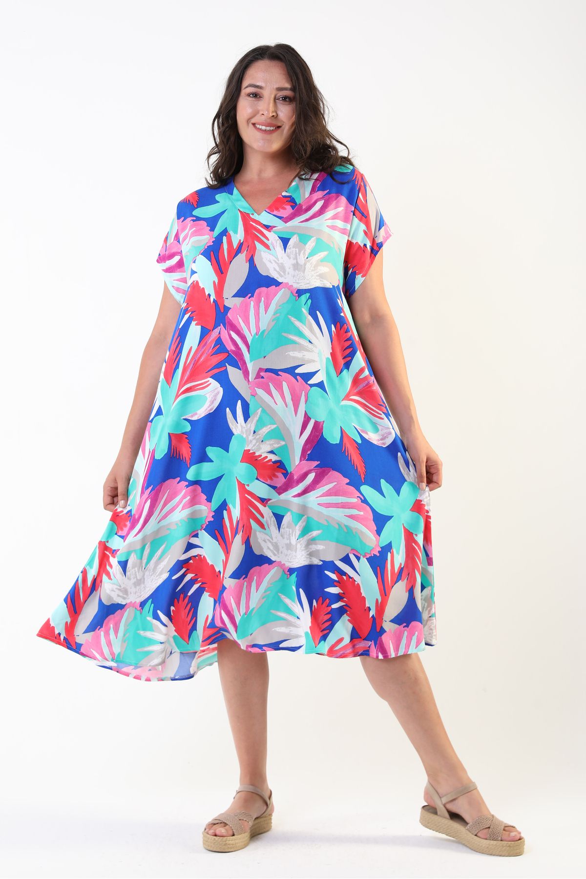 LİKAPA-Likapa Summer Plus Size Viscose κοντομάνικο φόρεμα με λαιμόκοψη 2688 1