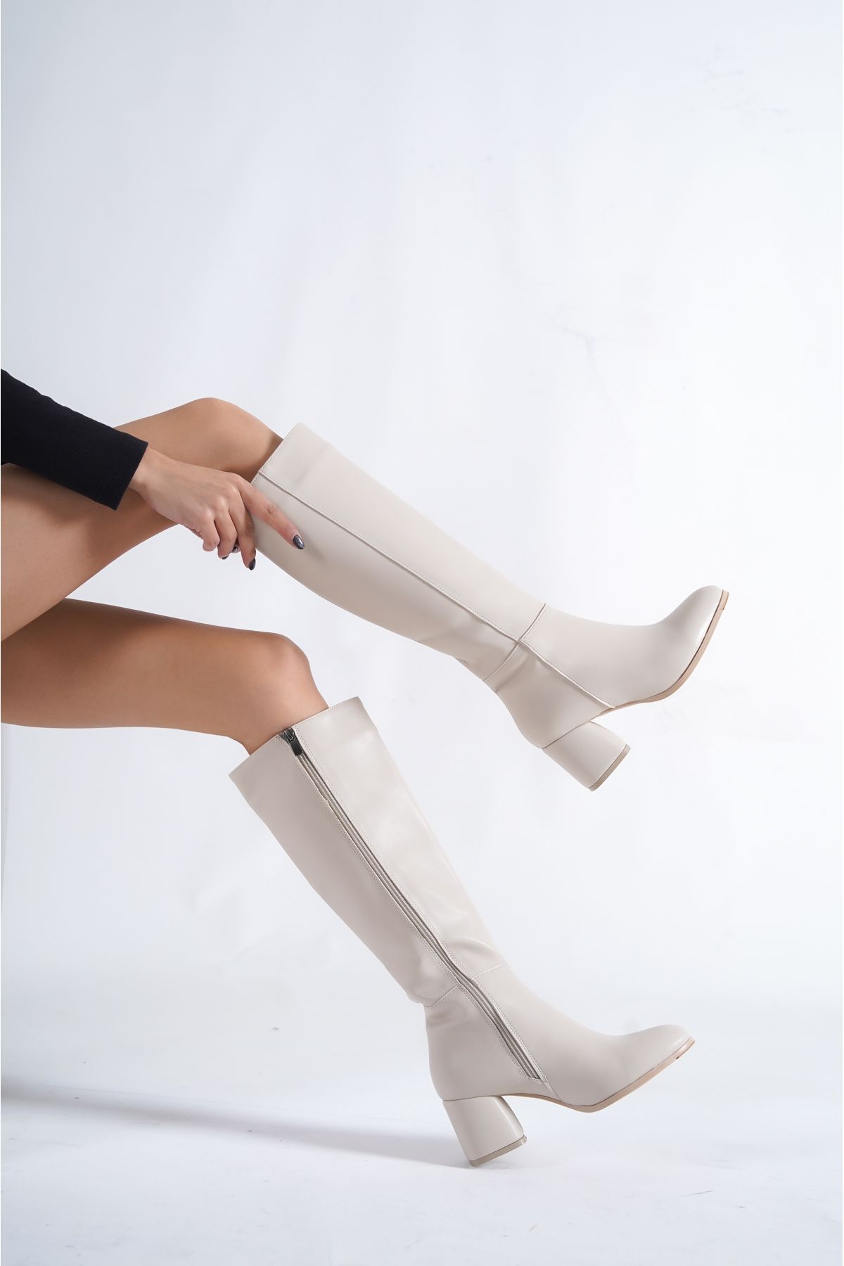 Capone Outfitters-Oval Toe Side Zipper Ecru Beige Heeled Women's Boots 2