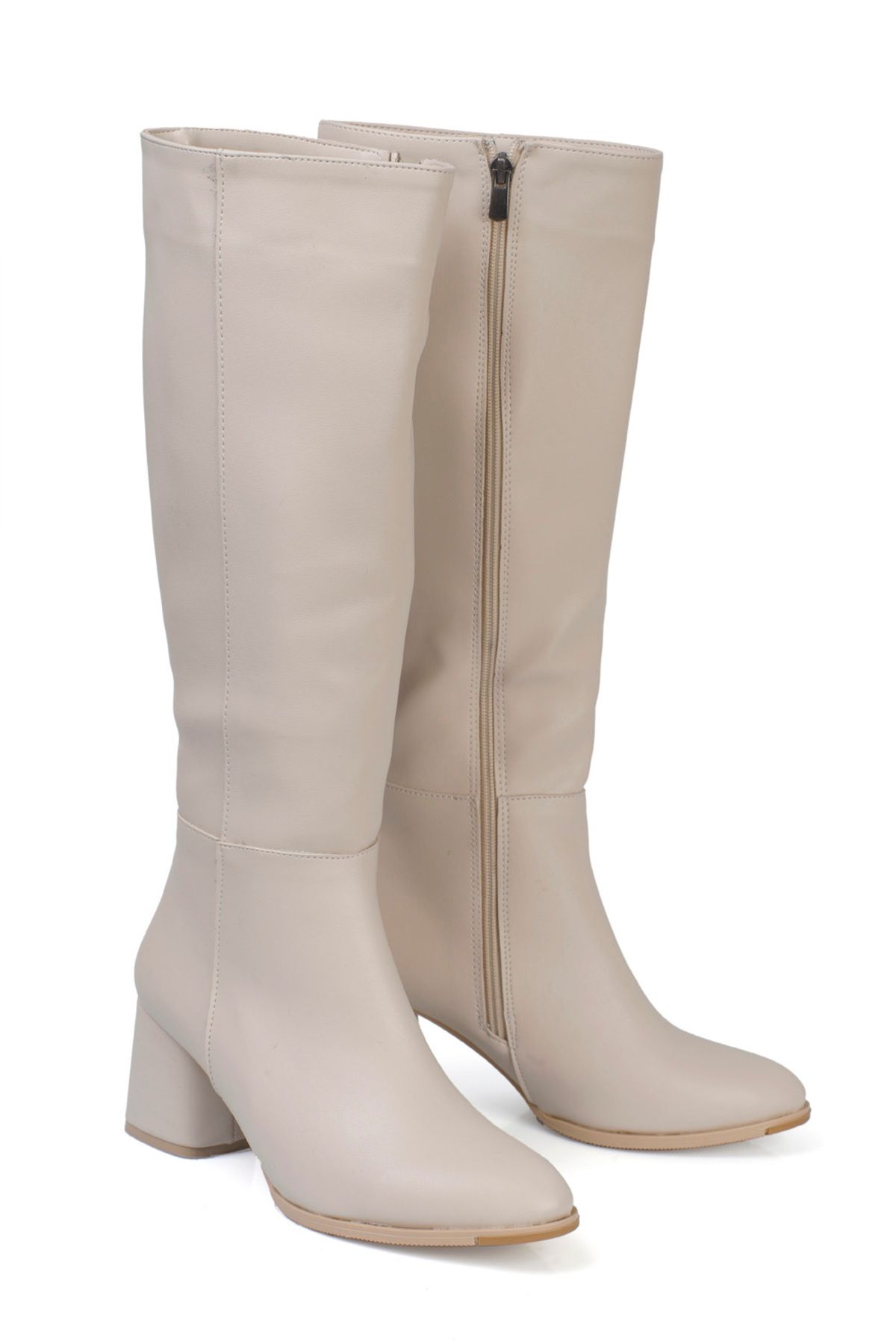 Capone Outfitters-Oval Toe Side Zipper Ecru Beige Heeled Women's Boots 3
