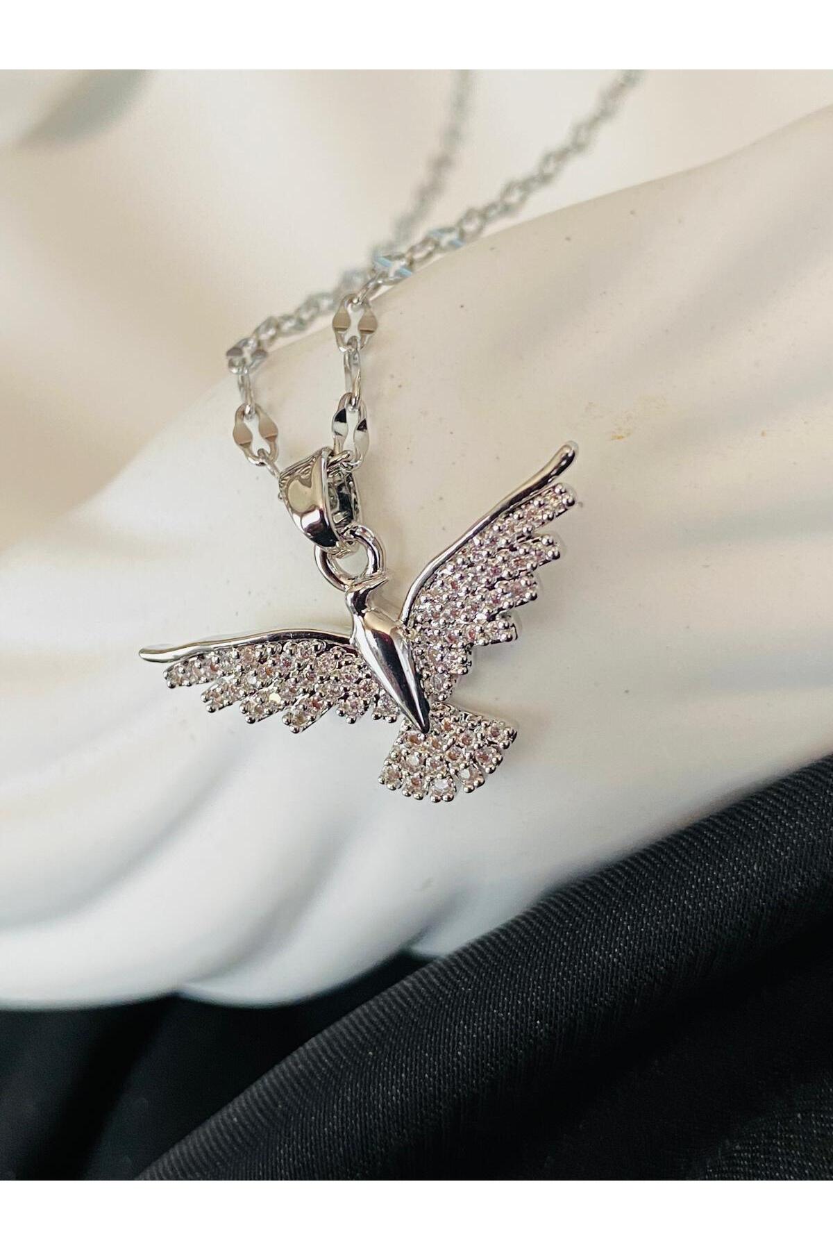 Silver Color Singapore Phoenix Bird Steel Necklace with Chain Zircon Gemstone