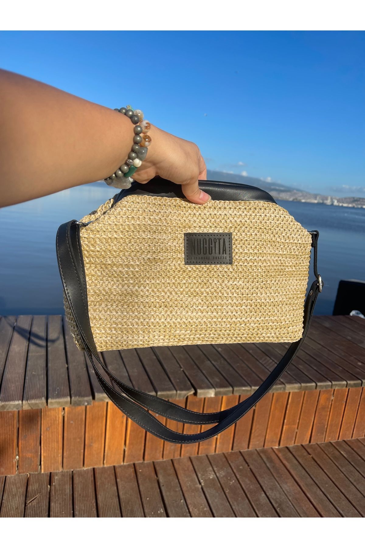 Clutch Hand / Shoulder Bag with Hidden Scholarship Wicker Knitted Texture Black Leather Detailed