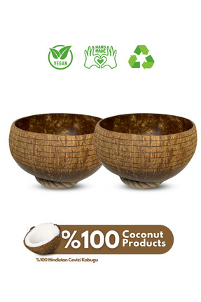 Coconut Products 2'li Set Jumbo Carved Design Hindistan Cevizi Kase - Coconut...
