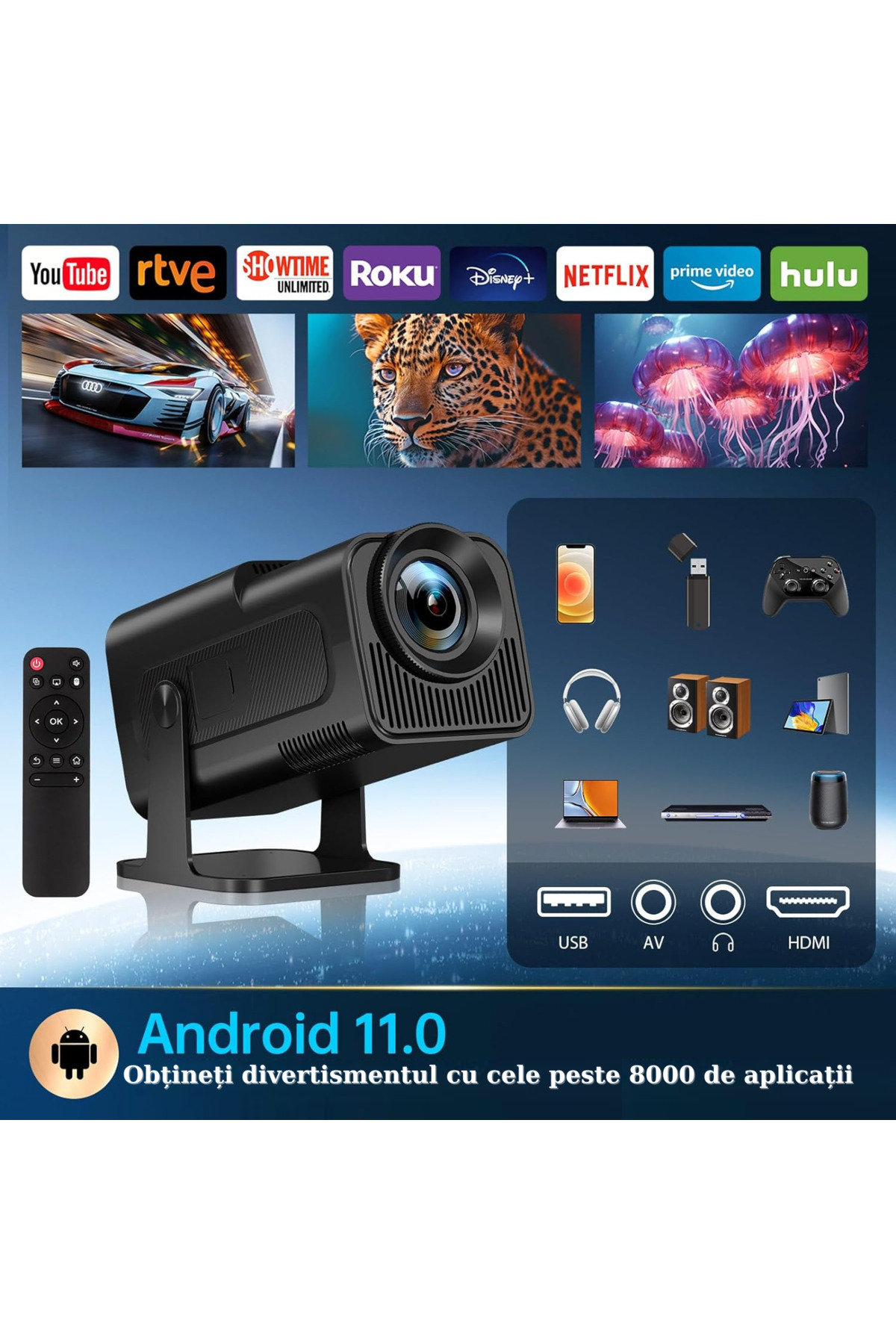 VSM-Videoprojector 4K Smart VSM with Gaming Console, Android 11, 6500 Lumens, Wi-Fi 6, Bluetooth 3