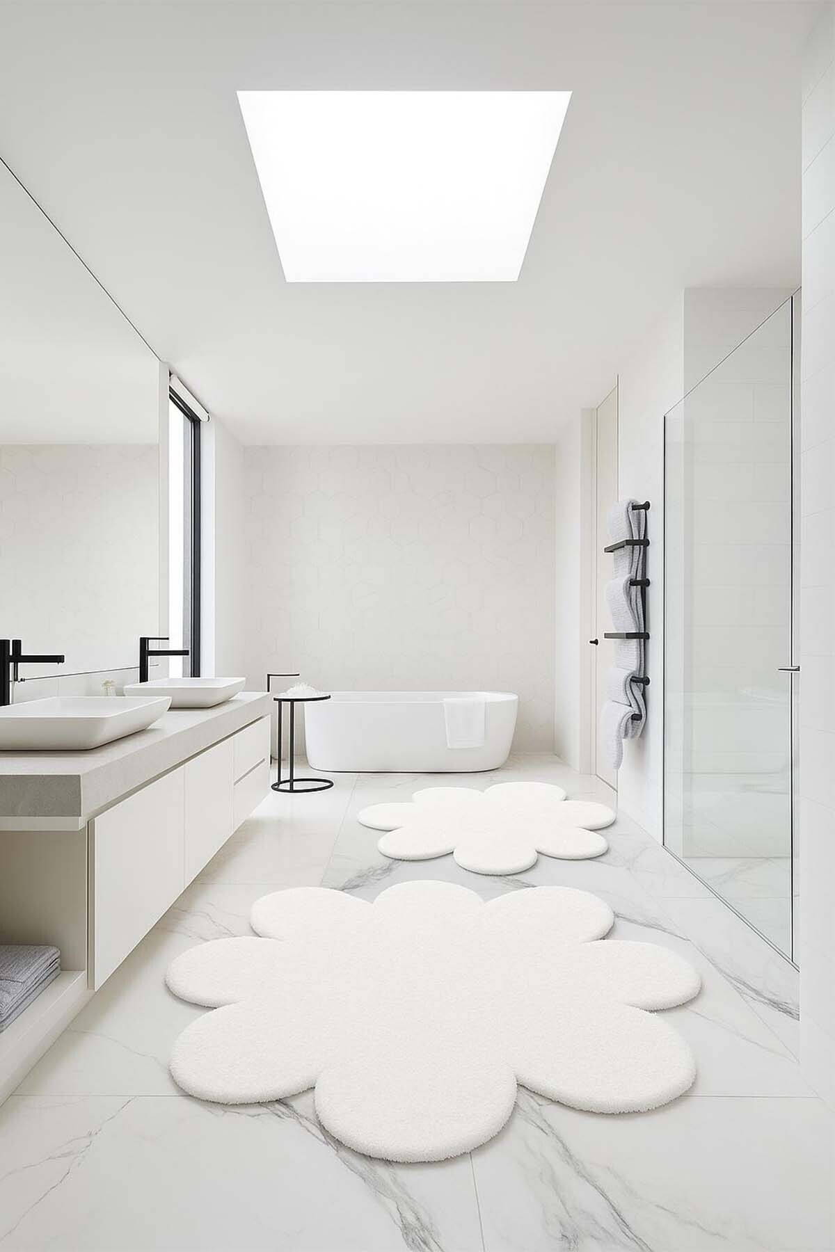 Balat Halı 2'li Beyaz Banyo Halısı Peluş Post Halı Klozet Takımı 60x60(papatya) Ve 80x80(papatya)