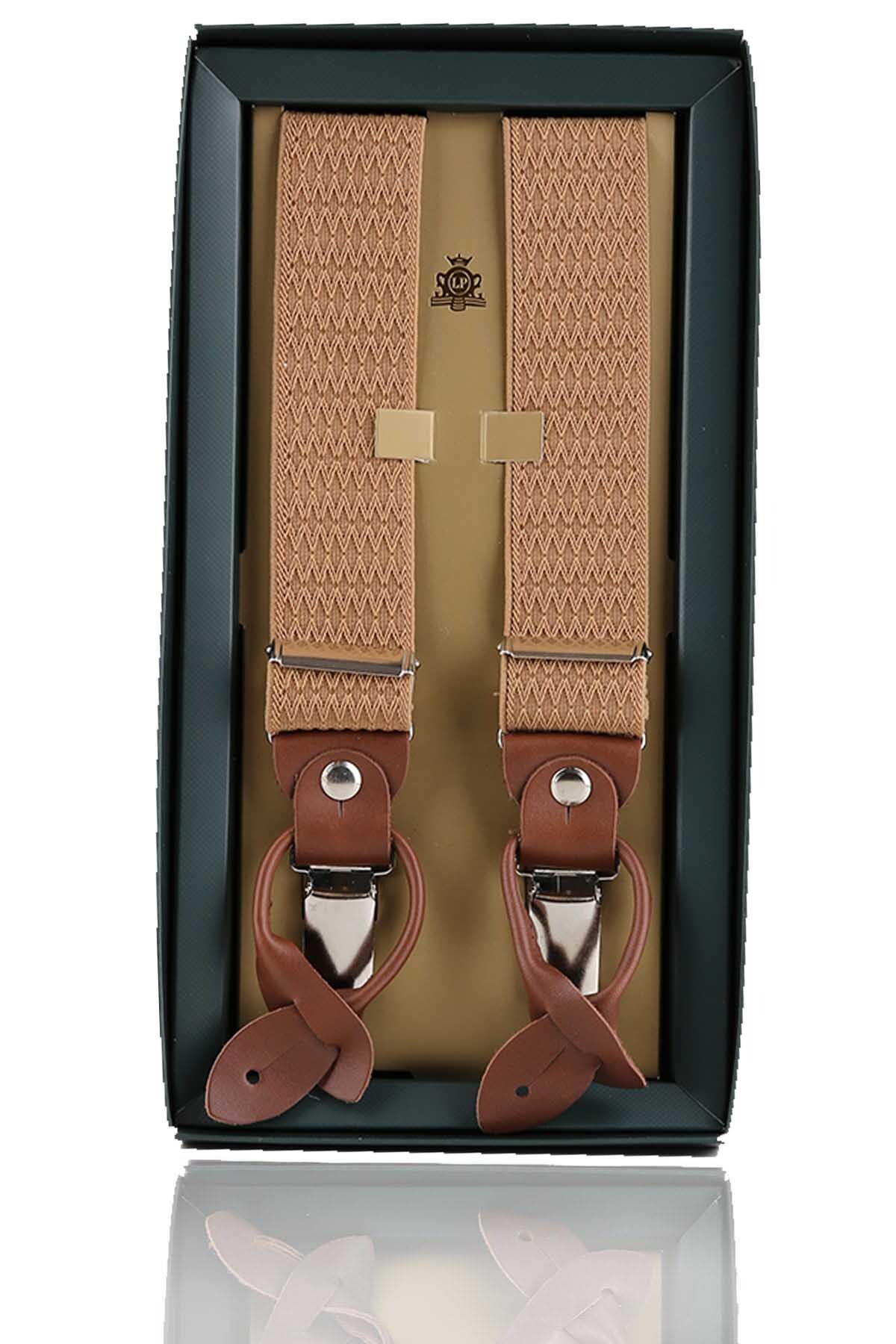  بند شلوار دکمه‌دار طرح‌دار چرمی مدل ژاکارد بژ Pan107