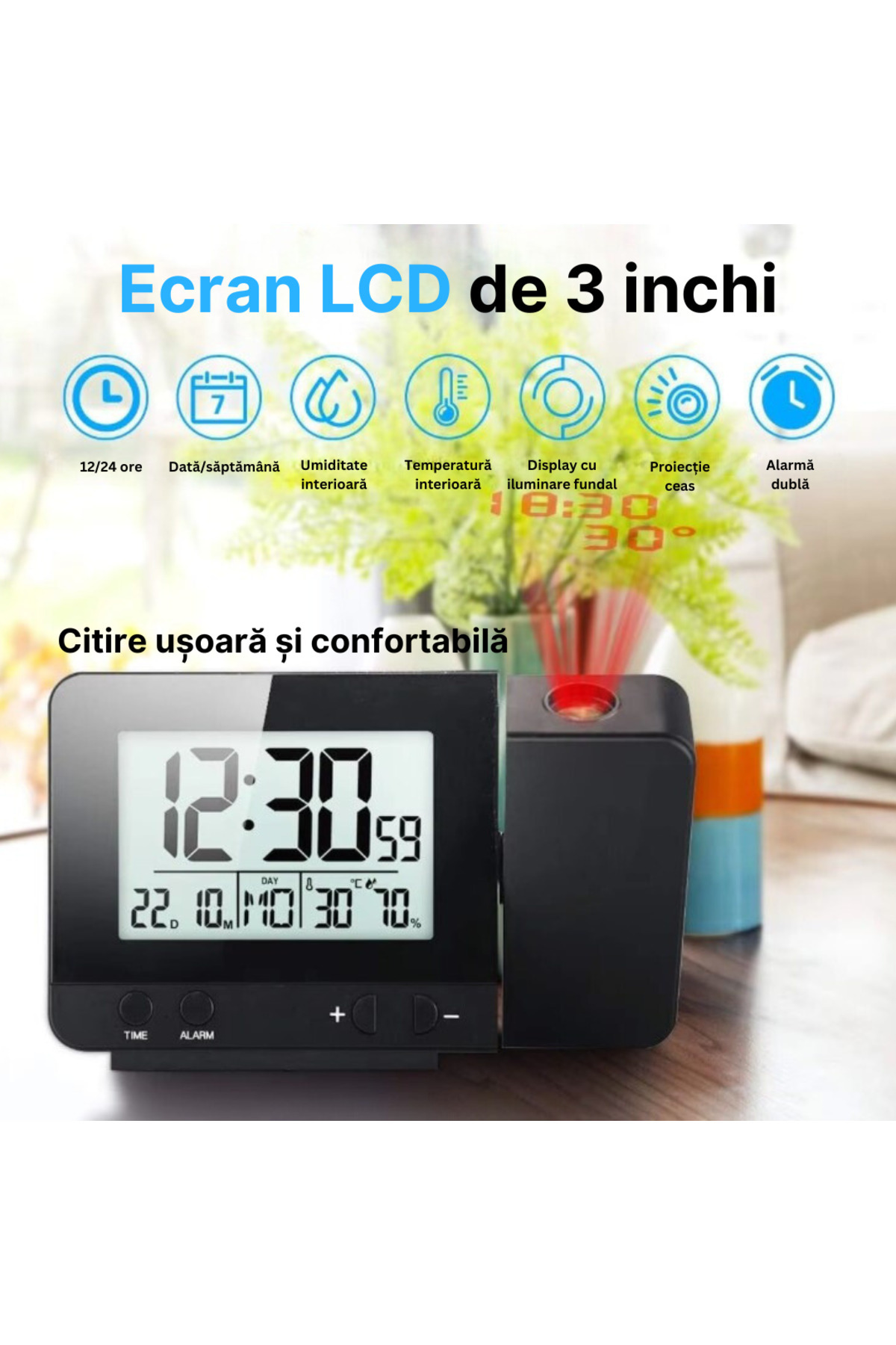 MILARIS-MILARIS® electronic projection clock, Temperature display, Humidity display, Snooze alarm 4