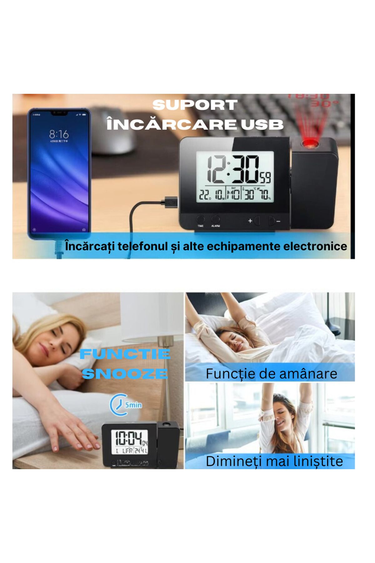 MILARIS-MILARIS® electronic projection clock, Temperature display, Humidity display, Snooze alarm 6