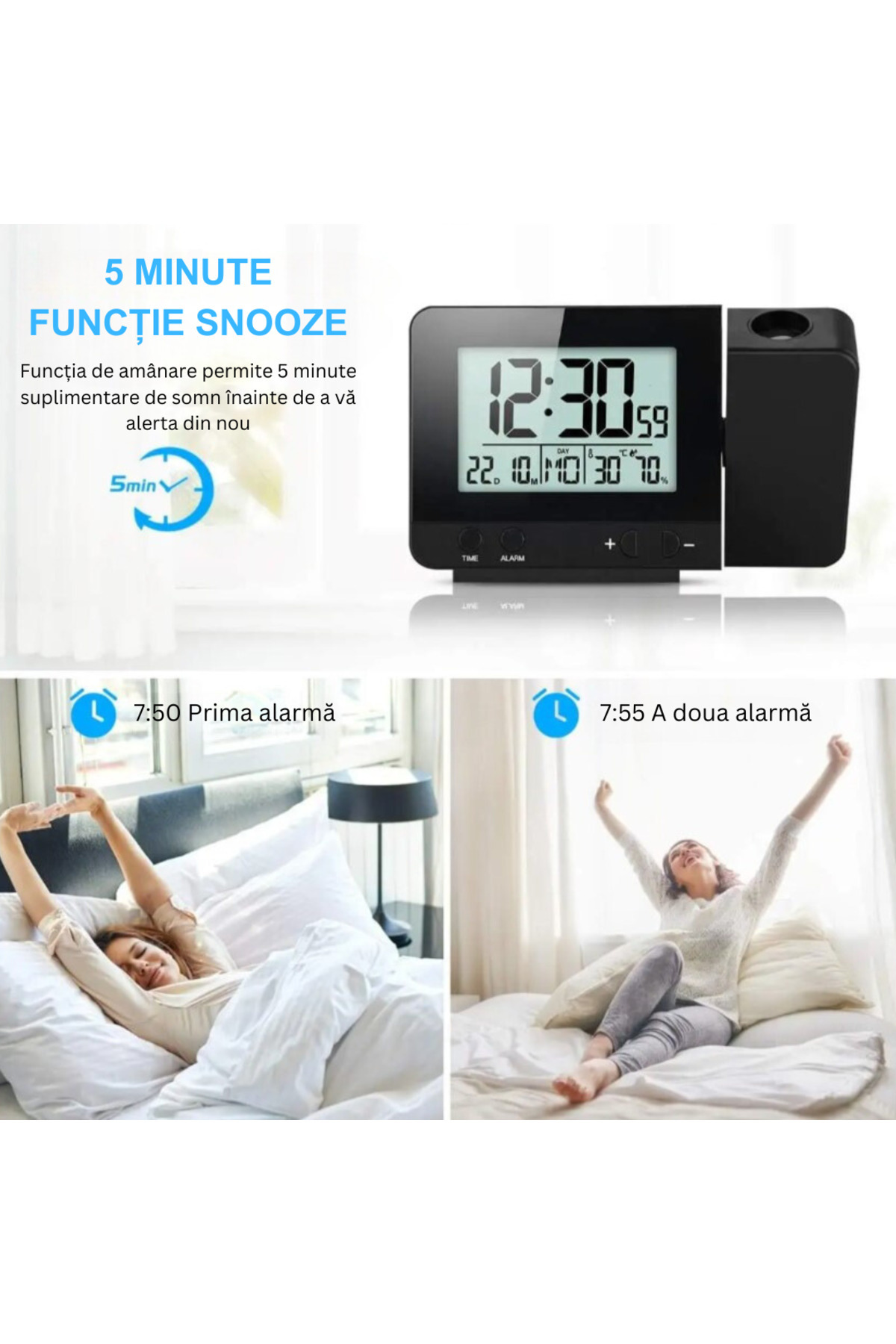 MILARIS-MILARIS® electronic projection clock, Temperature display, Humidity display, Snooze alarm 3