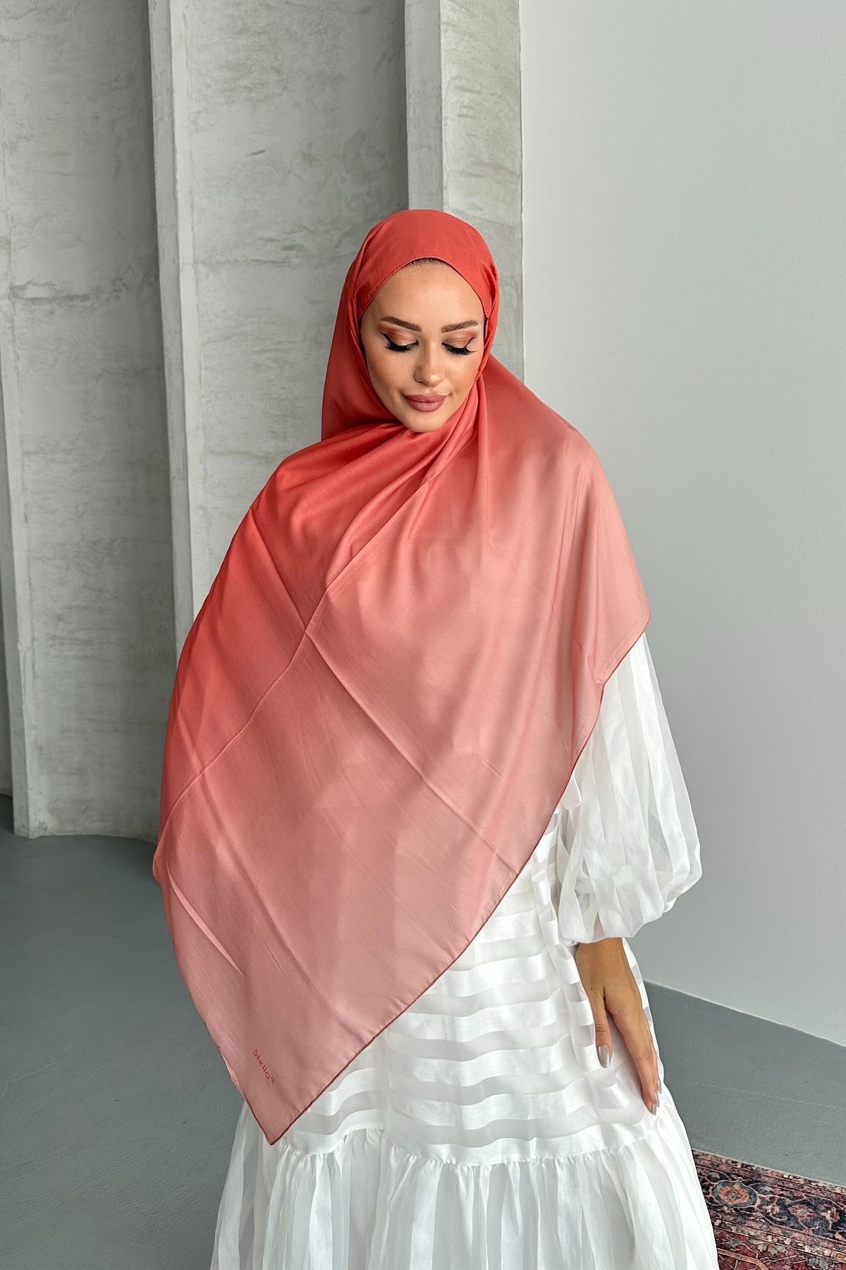 Stella Eşarp-Aural Salmon Color Gradient Pattern Soft Cotton Shawl 3