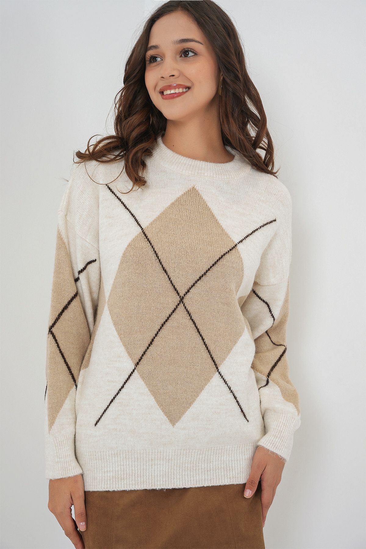 Bigdart-15895 Diamond Patterned Oversize Knitwear Sweater - Ecru 3
