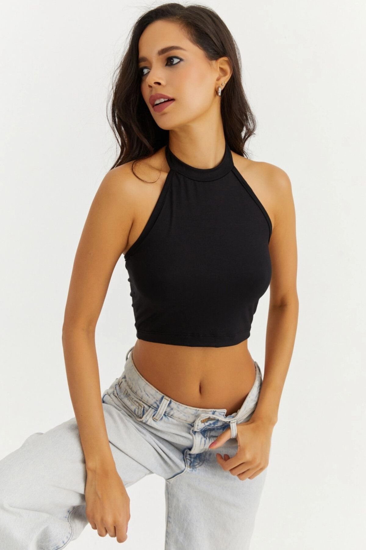 Cool & Sexy-Schwarze Neckholder-Crop-Bluse für Damen EY1480 2