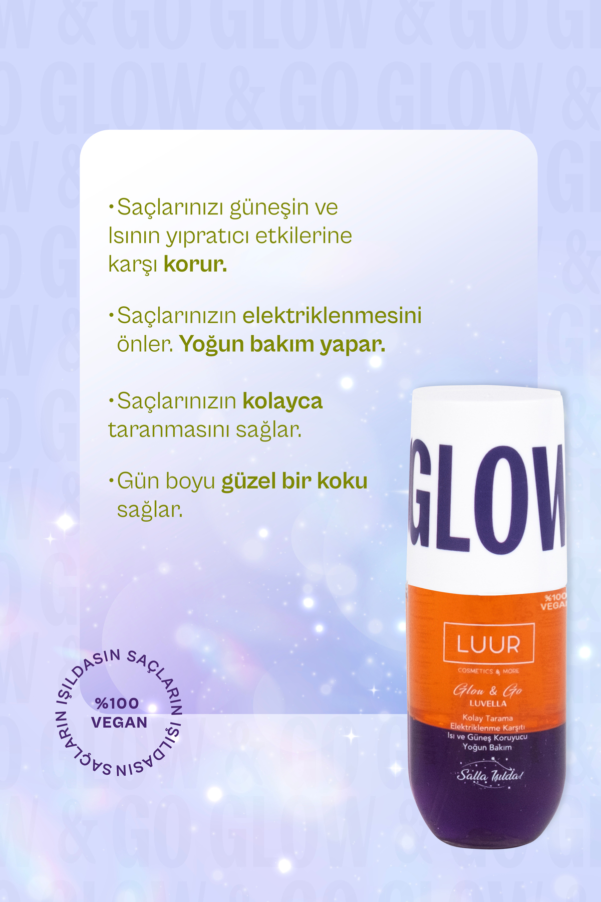 اسپری مراقبت از موی دو فاز Glow & Go Luvella: اثر احیاکننده، شانه‌پذیری آسان، محافظت در برابر آفتاب ۱۰۰ میلی‌لیتر — LGL03 — تصویر 2 از 5
