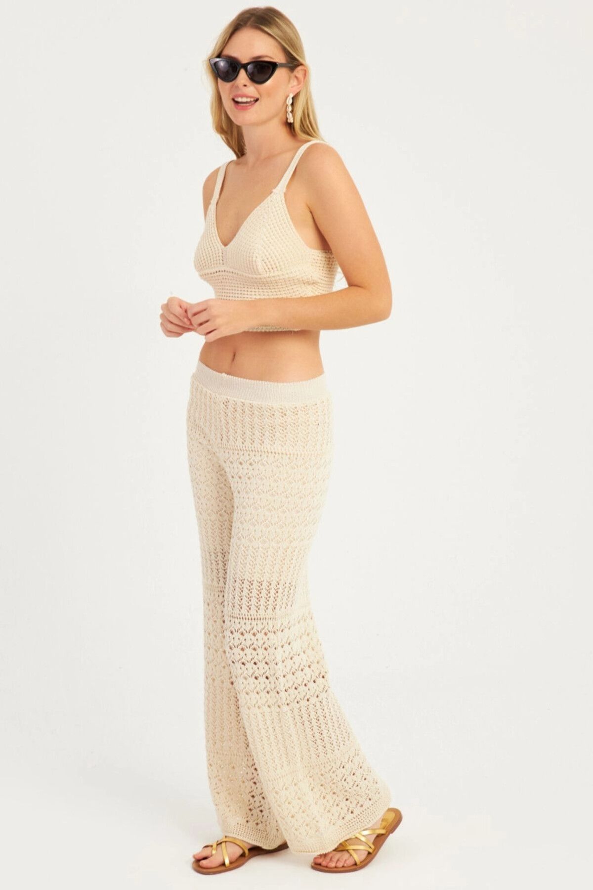 Cool & Sexy-Women's Ecru Curved Knitwear Pants YZ3062 5