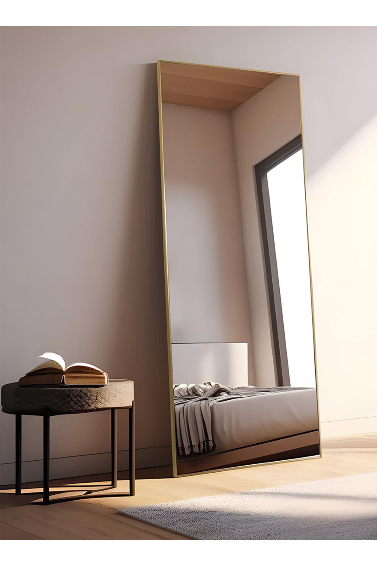 Taimi-مرآة كبيرة بتصميم أنيق 155×45 سم - مرآة كاملة الطول بإطار معدني ذهبي وحامل خلفي 3