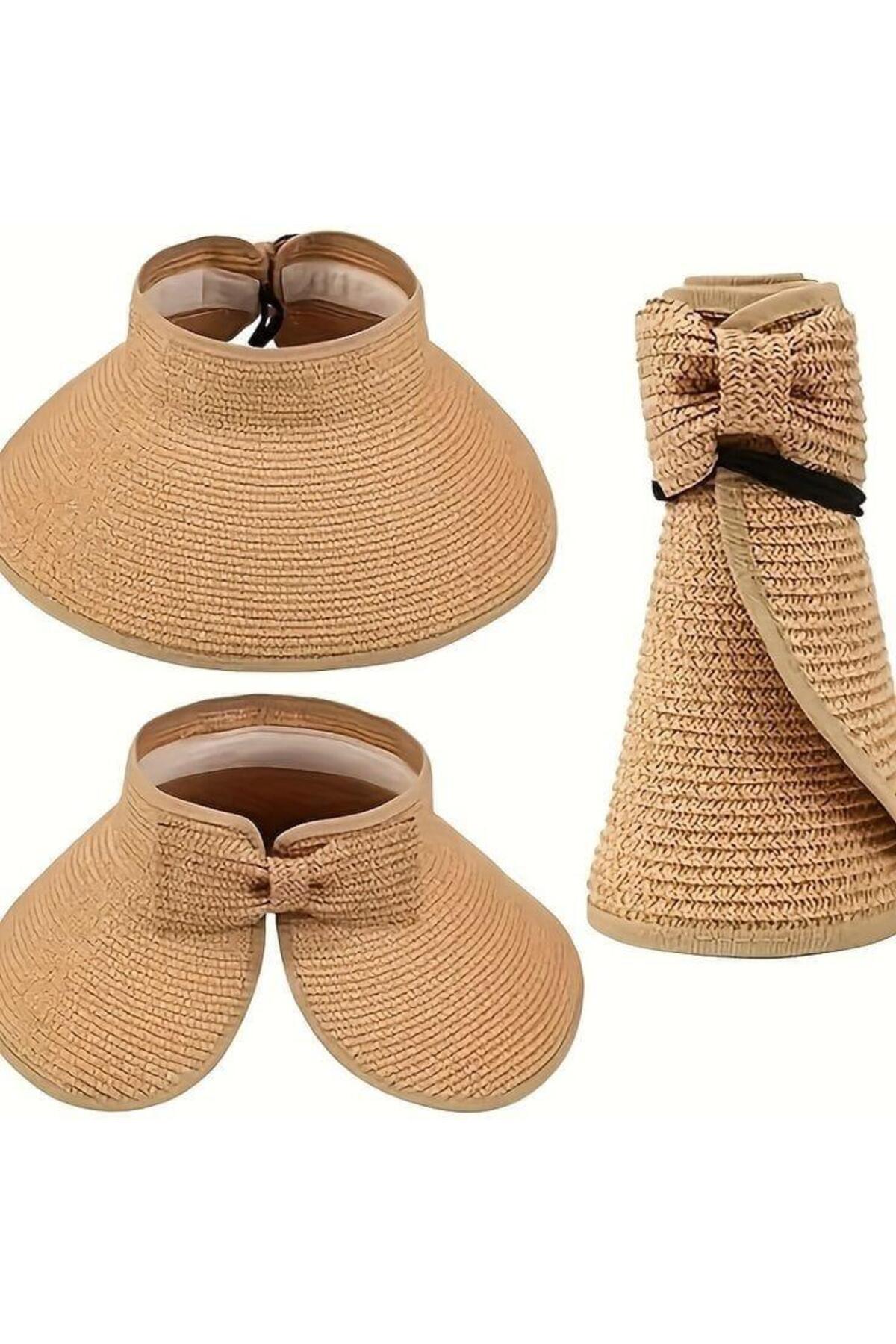 Axesoire 14624 Fiyonklu Camel Geniş Üstü Açık Hasır Vizör Şapka
