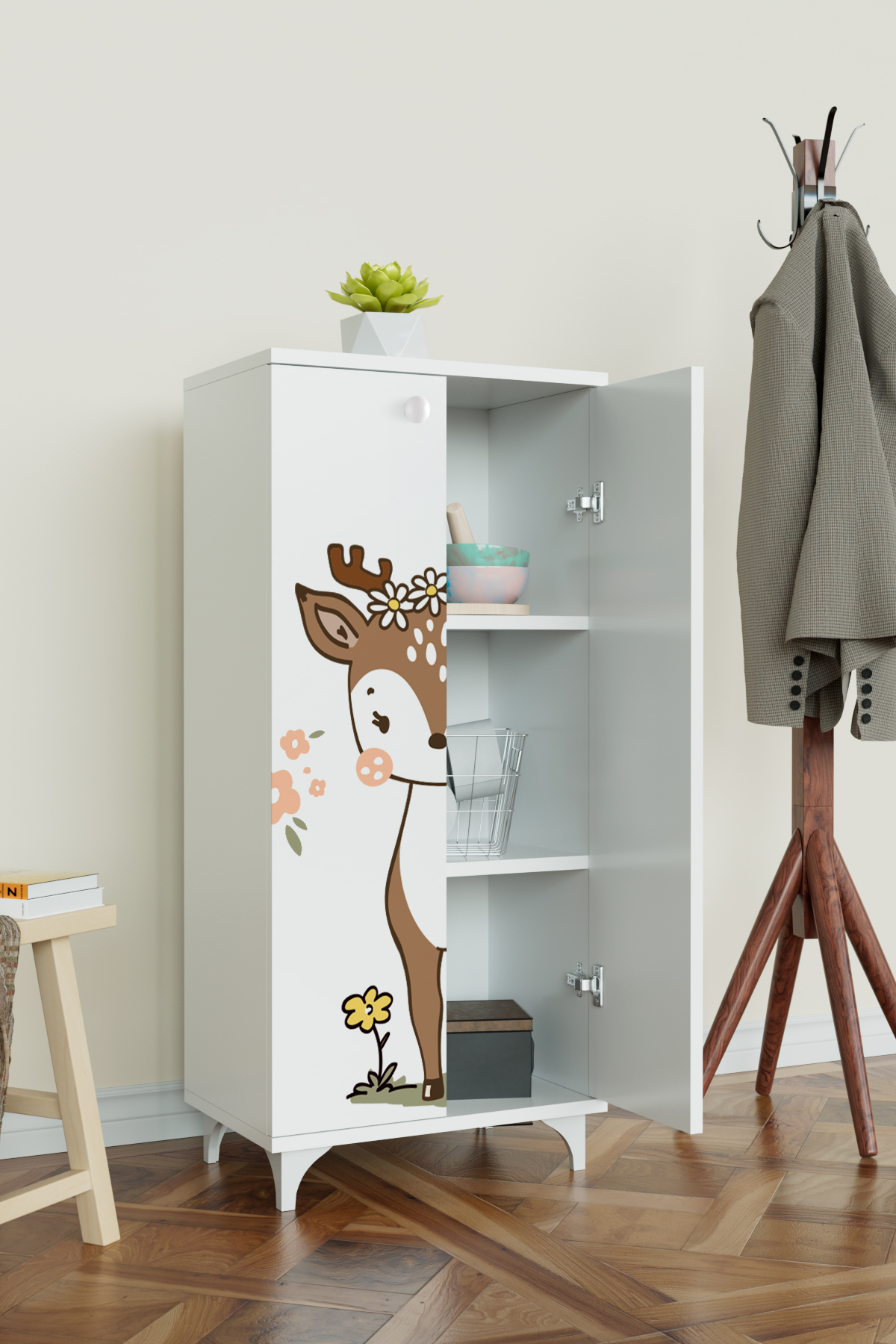 Hediyeler Kapında Little Fawn 3 Raflı Çocuk Odası Dolabı Çok Amaçlı Baskılı Oyuncak Dolabı Beyaz fotoğrafı 2 (önizleme)