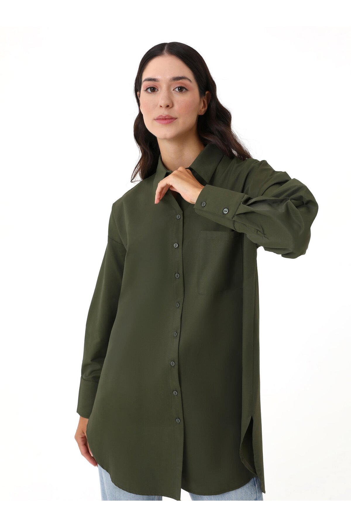 Benin-Long Back Poplin Tunic with Pocket Detail - Khaki - Benin 3