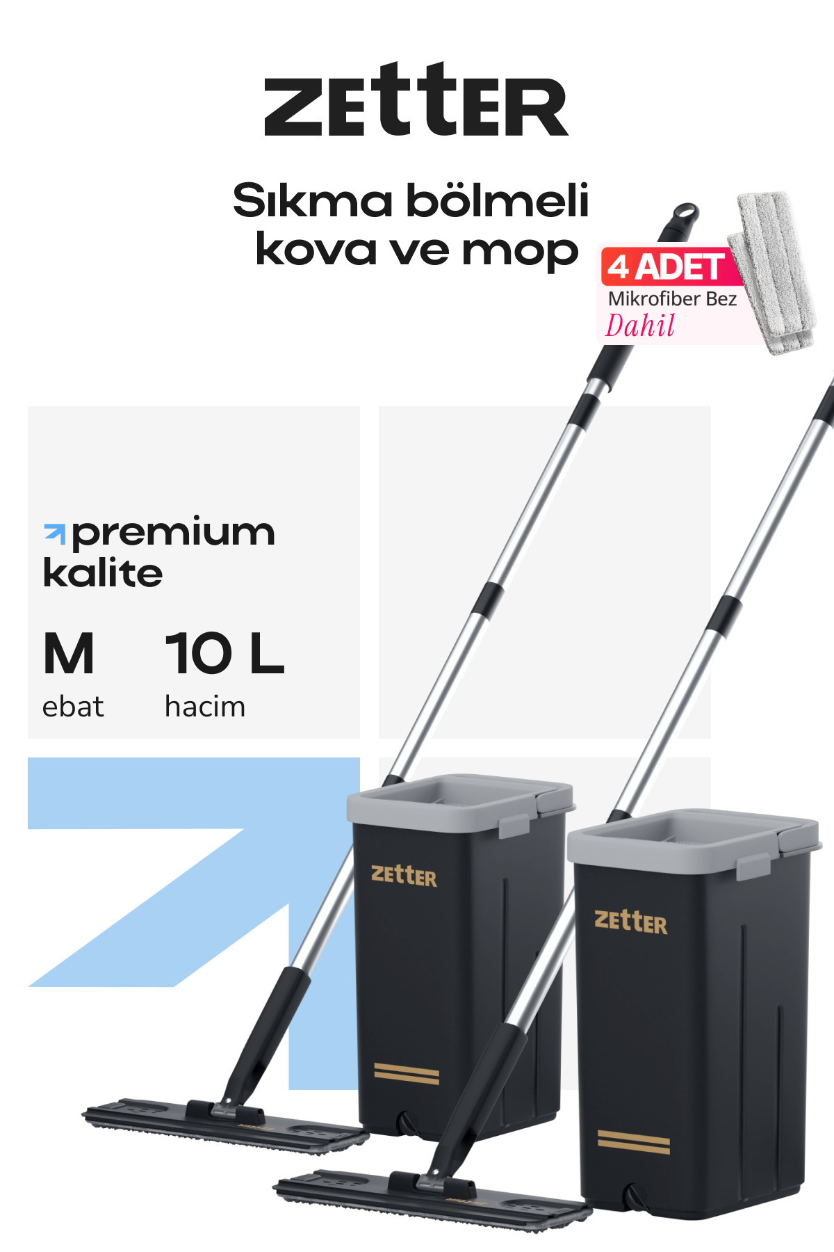 Zetter Tablet Mop Temizlik Seti Yeni Nesil Paspas Mop M Boy 2'li