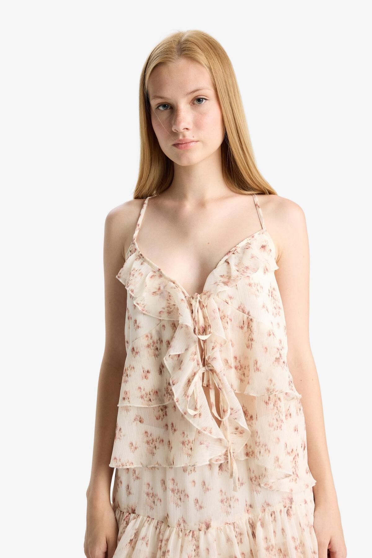 DeFacto-Coool Regular Fit Textured Front Tie Strap Blouse F9189Ax25Au 5
