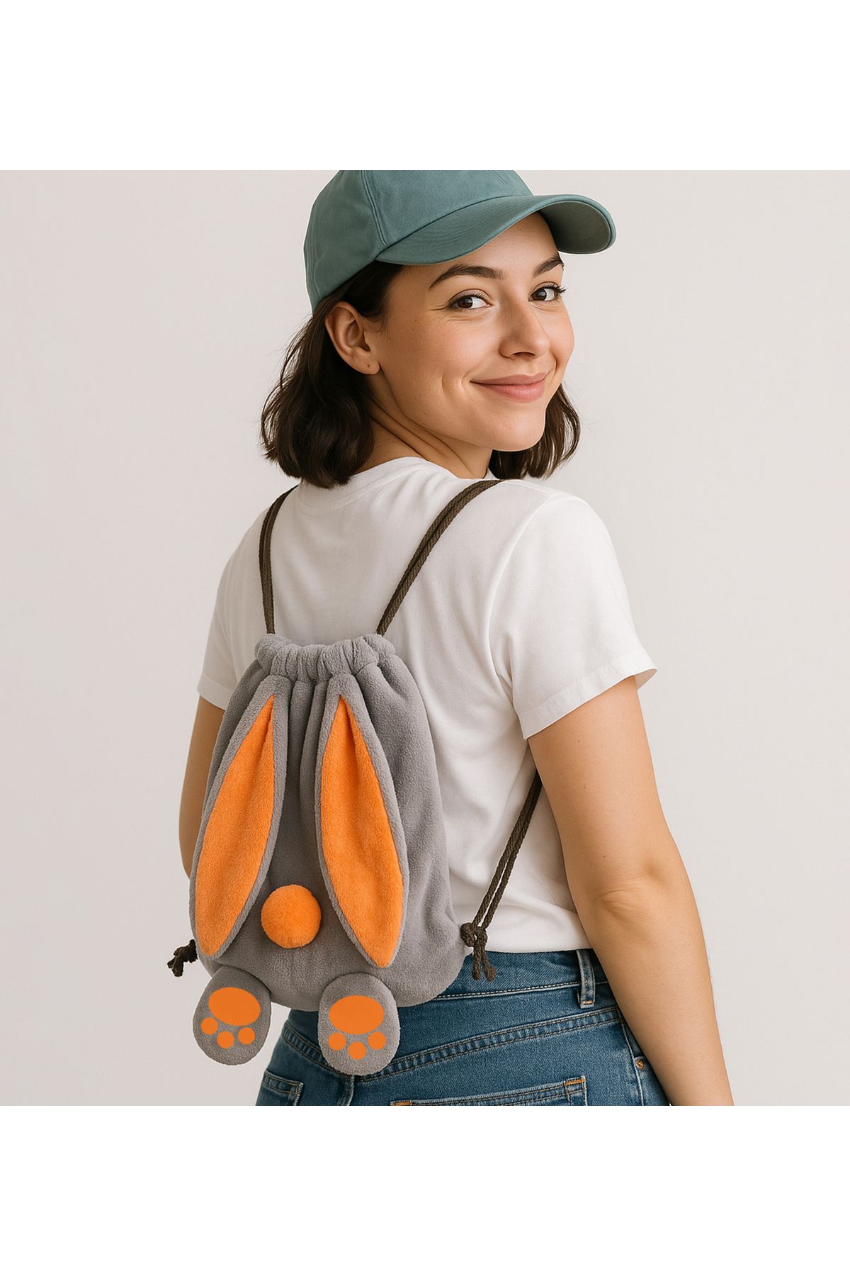 Özgüner Oyuncak-Pabtex Rabbit Ear Backpack – Plush Fabric, Colorful Rope Detailed Model 1