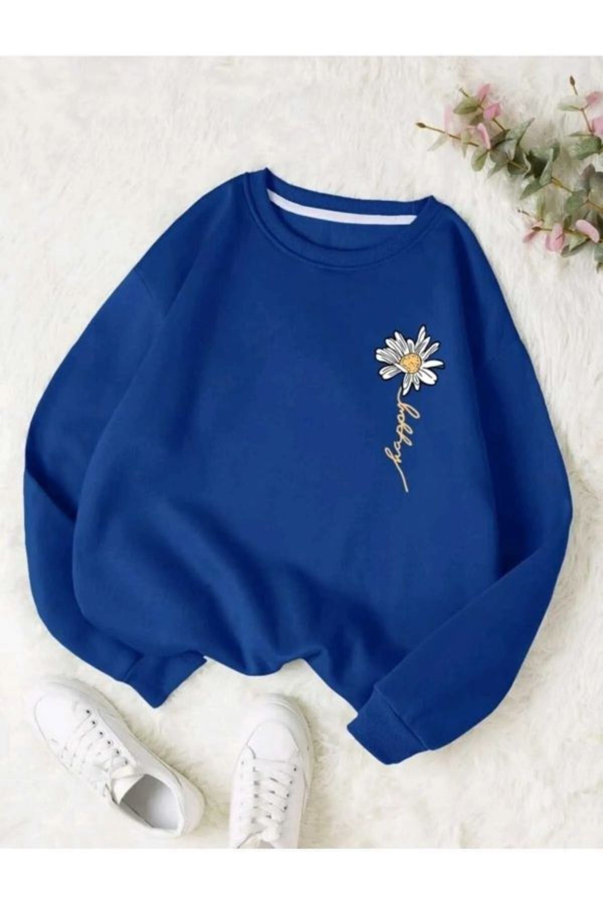 DUBU BUTİK  Çiçek Desen Sweatshirt - Sax Mavi Baskılı Oversize Kalın Kışlık Bisiklet Yaka