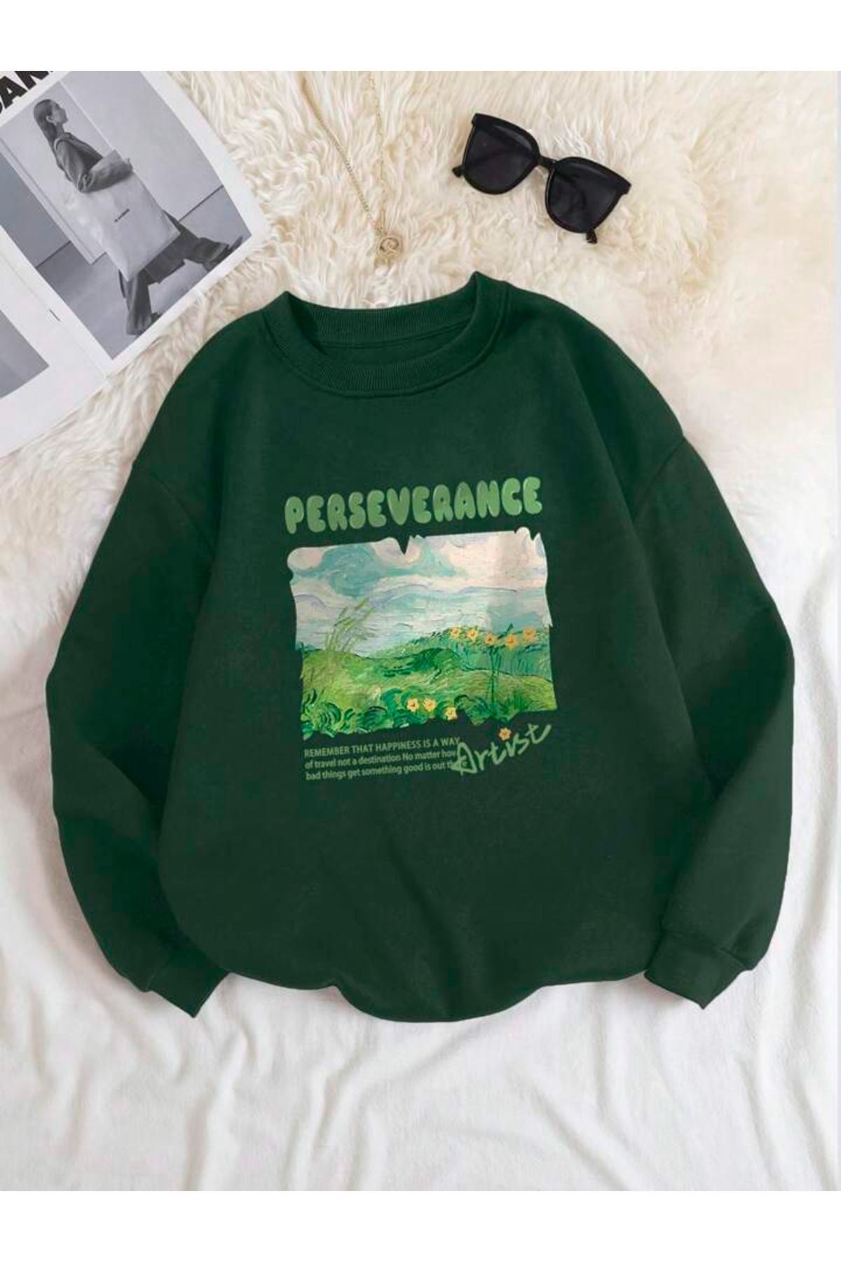 DUBU BUTİK  Perseverance Artist Sweatshirt - Yeşil Baskılı Oversize Kalın Kışlık Bisiklet Yaka