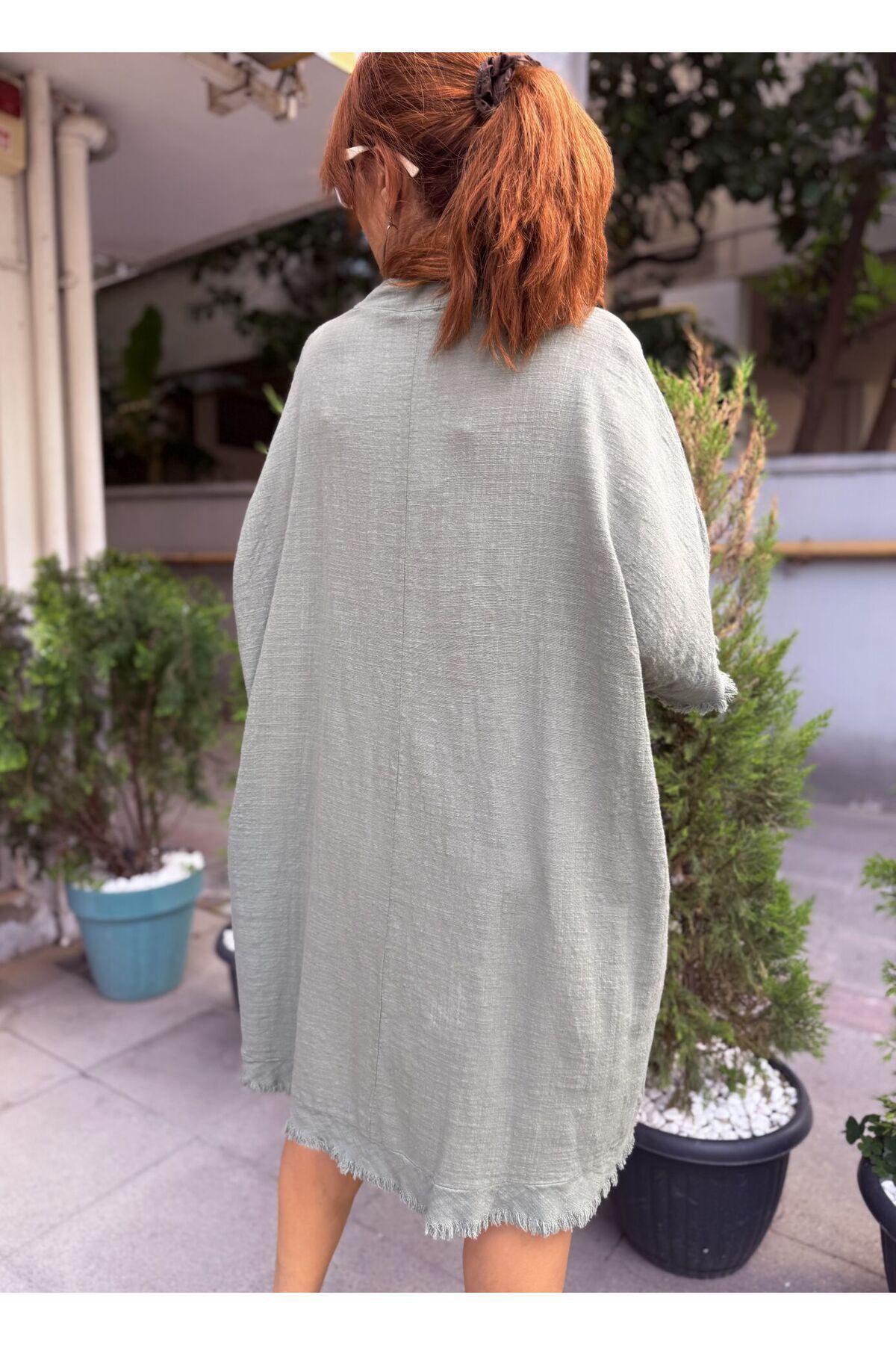 DenizEge-Italian Tasseled Linen Textured Dress Khaki 3