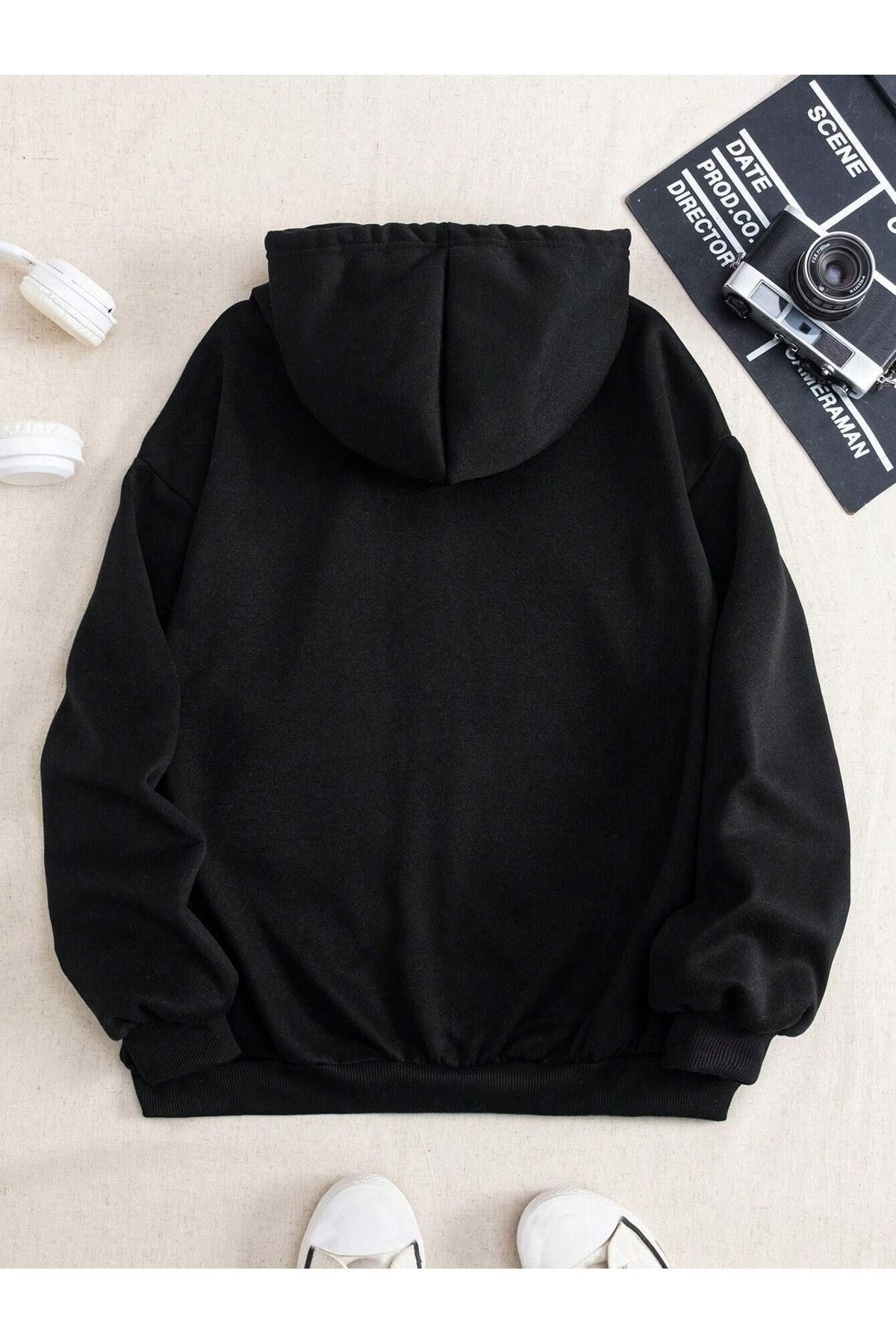 Sweetline  Baskısız Fermuarlı Hırka Sweatshirt - Siyah Oversize Kışlık Kalın Kapüşonlu - Görsel 2