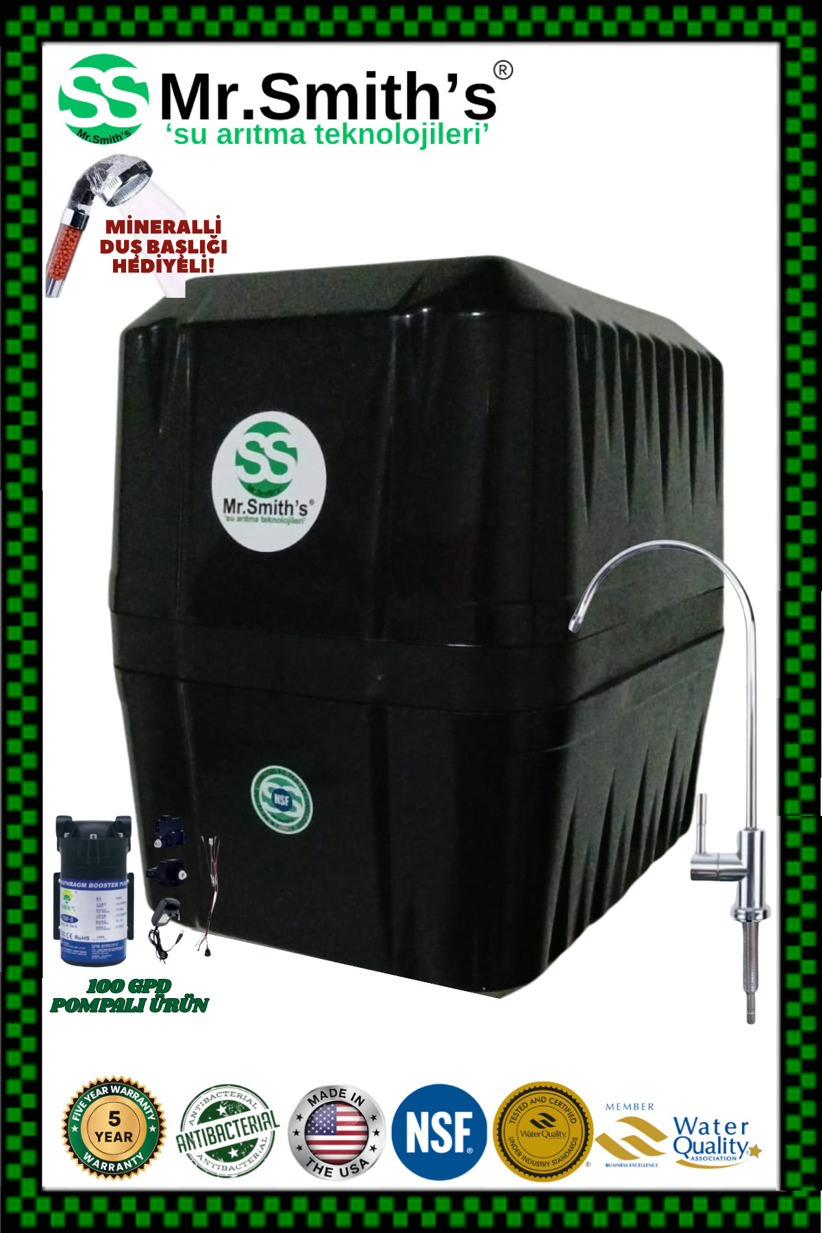 Mr.Smith's HOME CONCEPT SİYAH Kompozit Filtreli ( Multimineral-dublealkali-coconut )90 Gpd Su Arıtma Cihazı