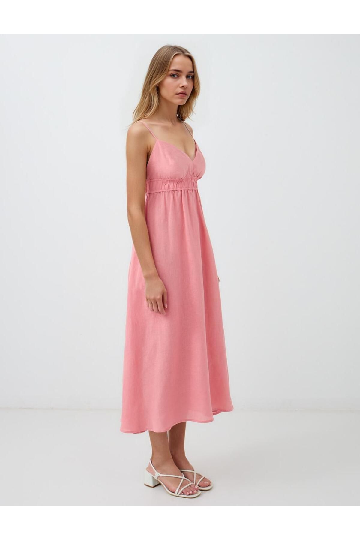 Jimmy Key-Rochie midi roz 100% in, cu bretele, cu decolteu in V 5