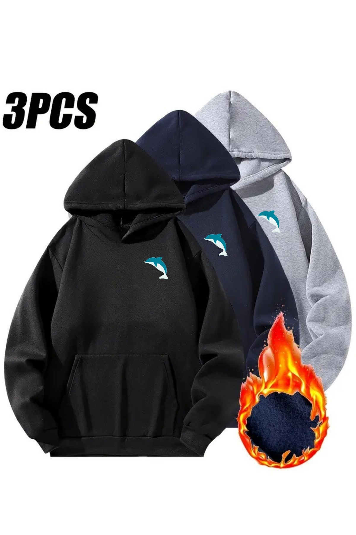 3-Piece Hooded Minimal Dolphin Printed Sweatshirt Set-Black - Gray-Navy Blue, Raised Thick Fabric