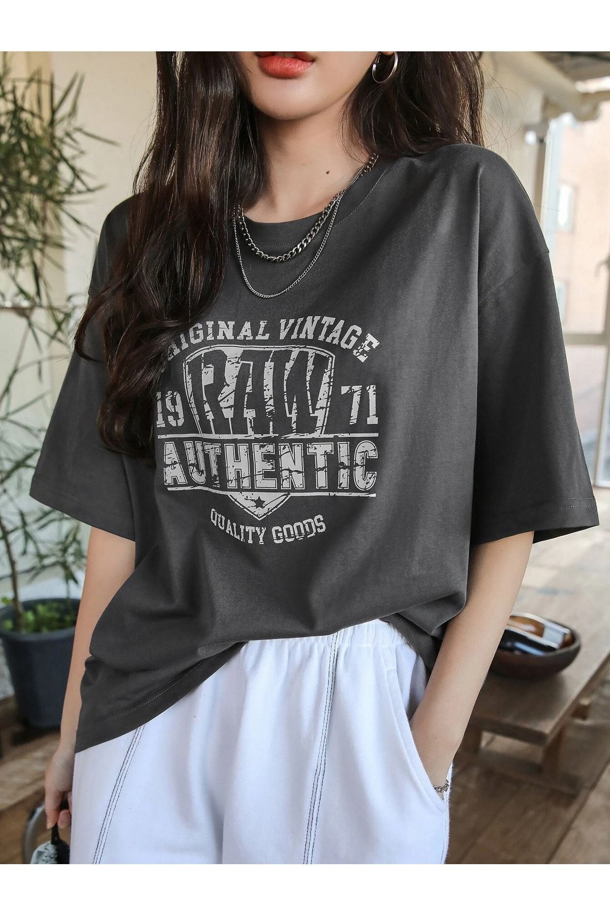 CLAYES Füme Oversize Authentic T-shirt - Oversize Baskılı görsel 2